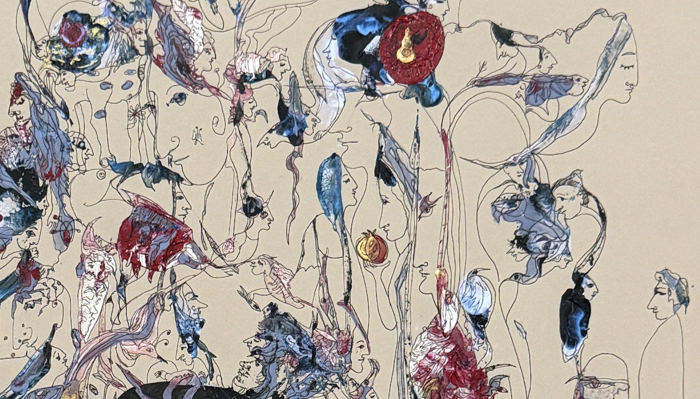 Upper right detail of Circle Without a Circumference (Haruki Murakami) featuring symbolic faces, birds, surreal figures, and delicate ink linework.
