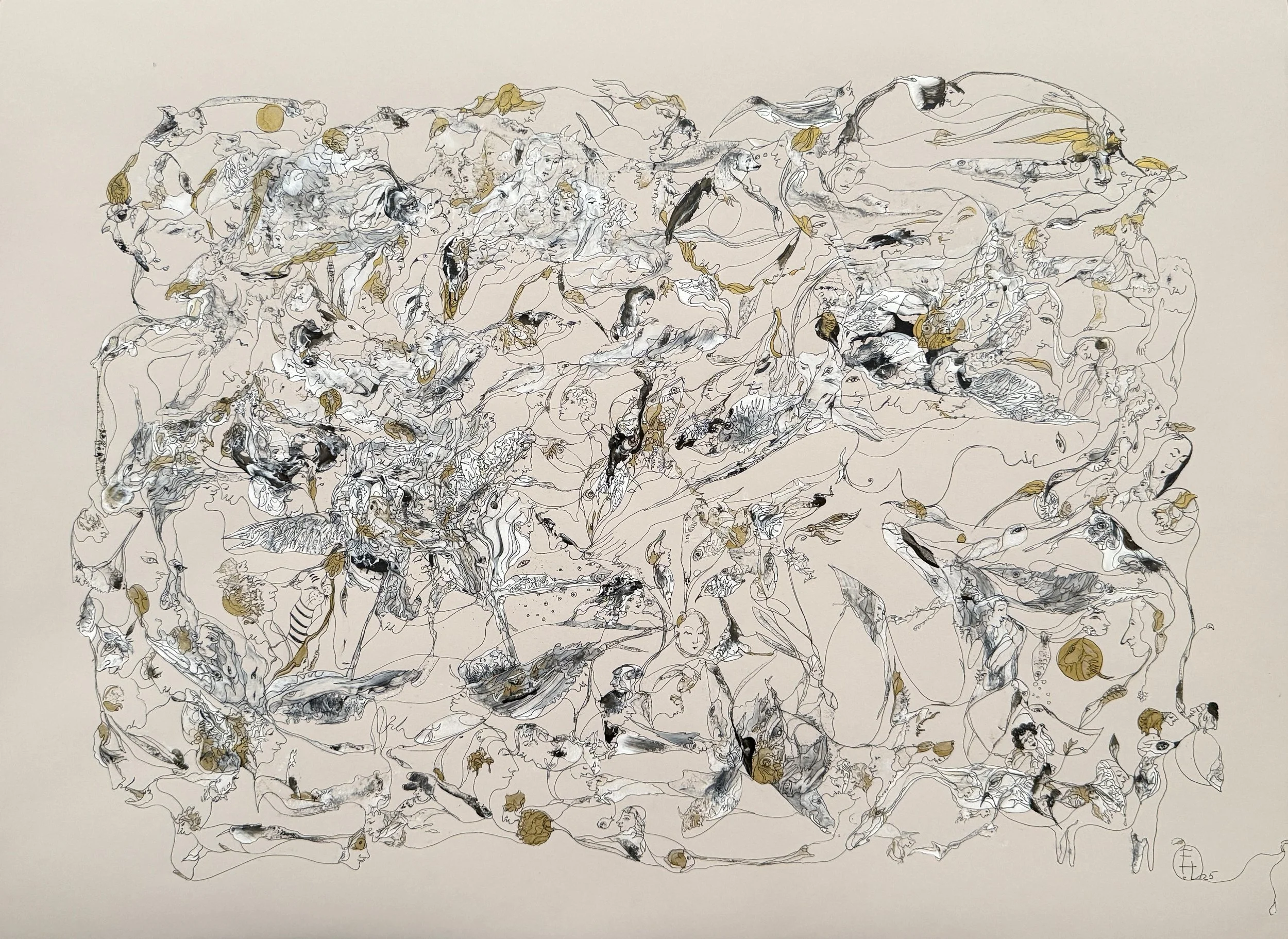 Allegorical and Erotic Symbolism, original acrylic and ink artwork featuring interconnected portrait faces, birds, symbolic figures, and flowing organic forms with gold accents.