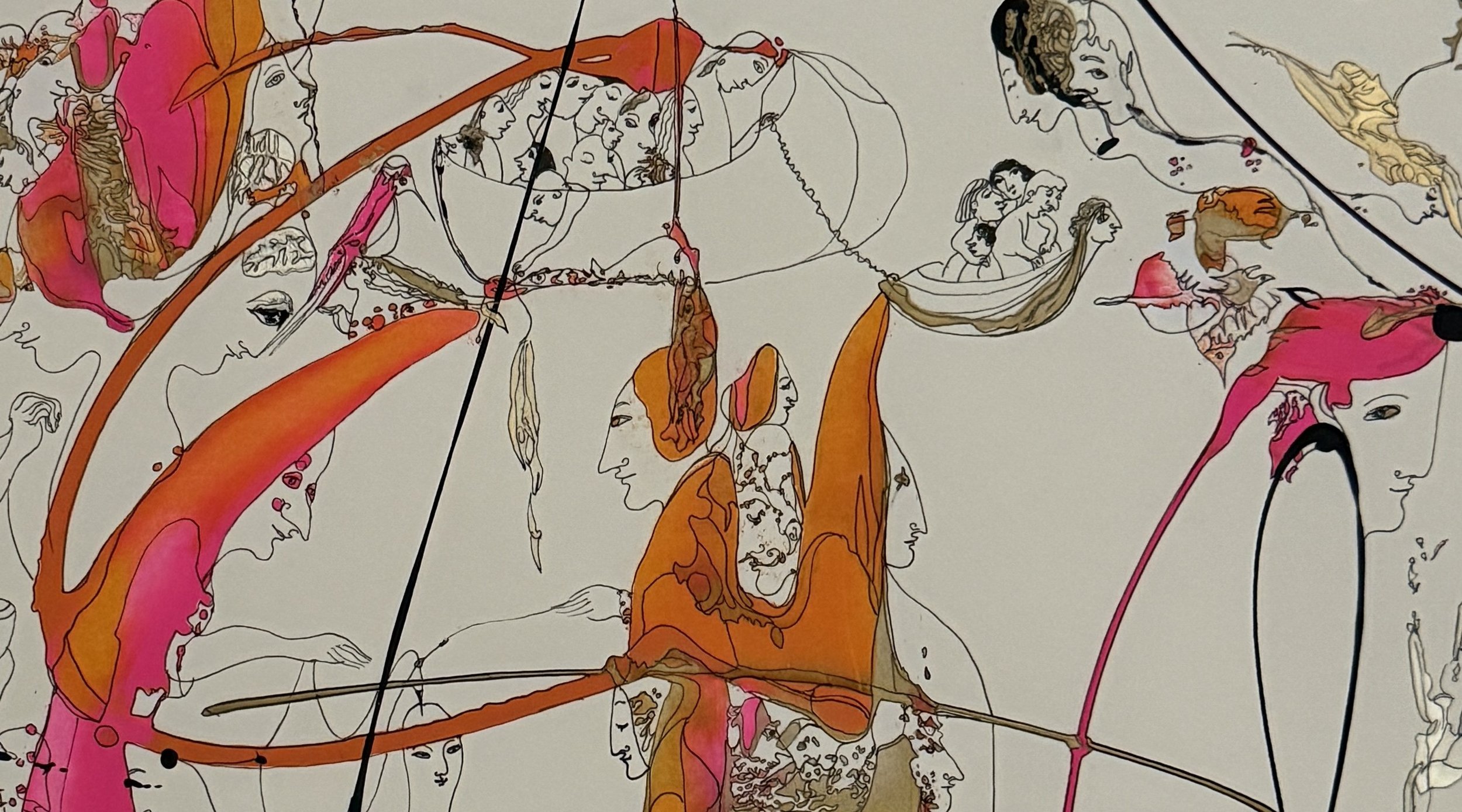 Center detail of Torn Between Hopes featuring hidden faces, symbolic figures, flowing orange forms, and surreal imagery expressing hope, connection, and imagination.