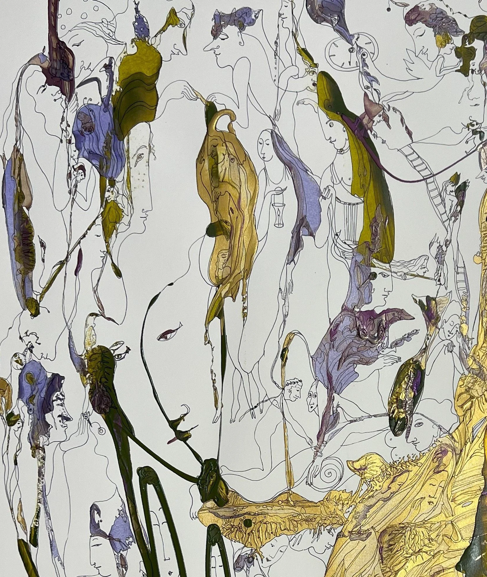 Upper center detail of Serenity showing delicate symbolic faces, graceful figures, birds, and flowing organic forms highlighted with violet and gold accents.