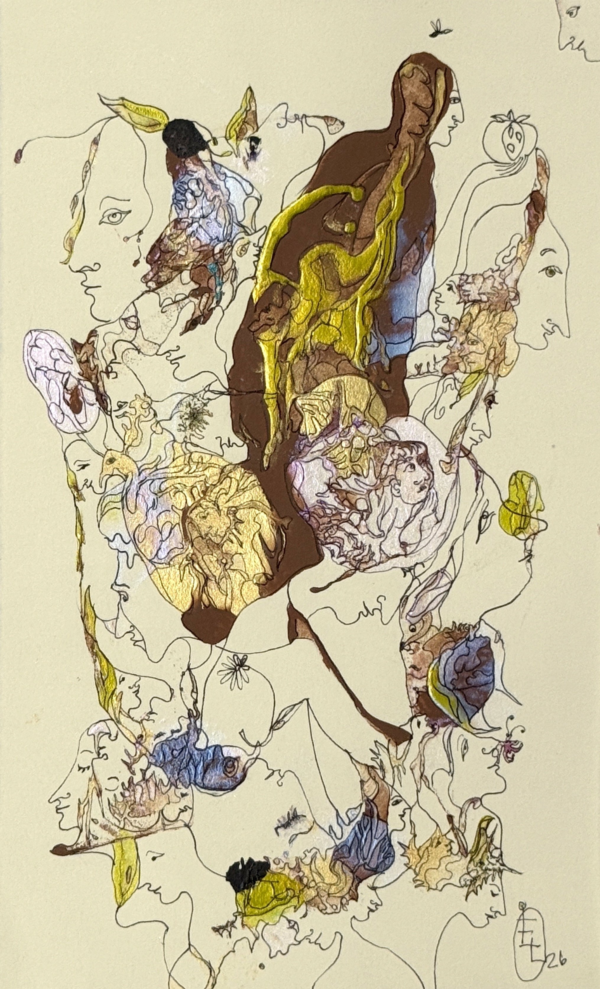 Chocolate Thoughts, original acrylic and ink painting on paper by Yelena Lezhen featuring symbolic faces, birds, organic forms, and dreamlike figurative imagery in warm chocolate and gold tones.