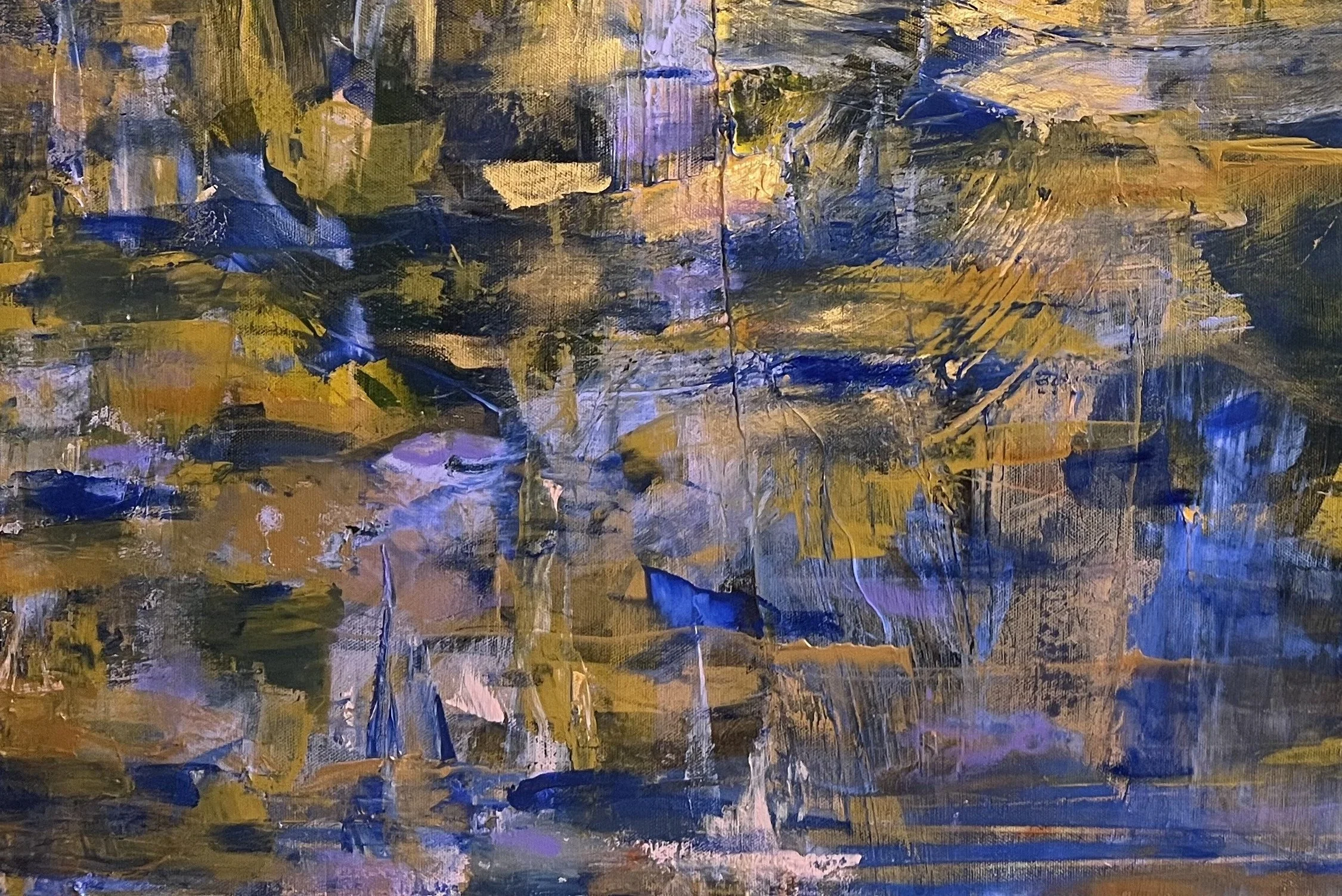 Lower left detail of Sunset featuring textured blue and gold brushwork with layered abstract forms suggesting reflections and fading light.