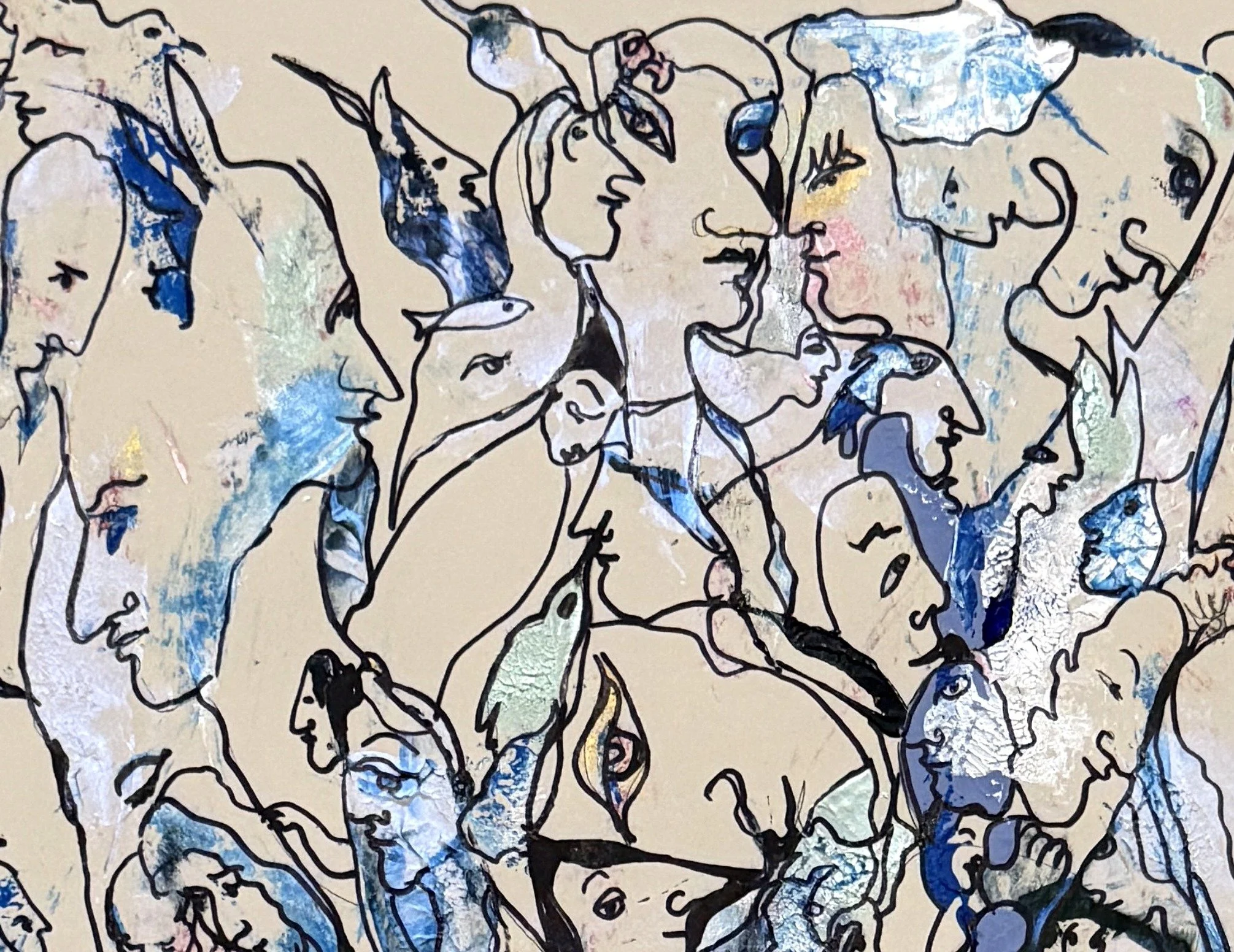 Upper detail of The Forest of Faces featuring symbolic portraits, birds, flowing blue and silver forms, and intricate ink linework.