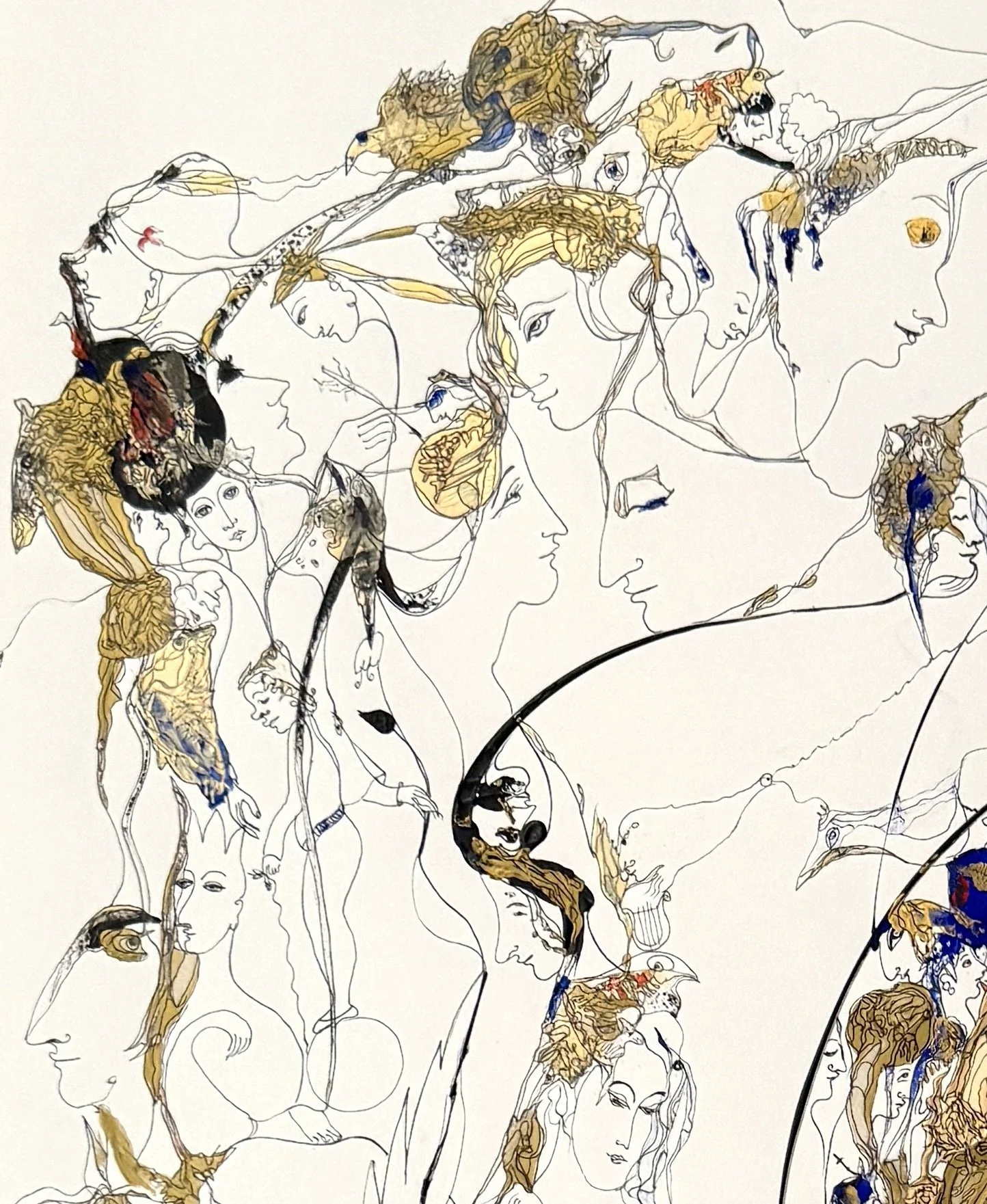 Top left detail of Transformed Poetry of Consciousness showing interconnected portrait faces, birds, and symbolic figurative forms in acrylic and ink.