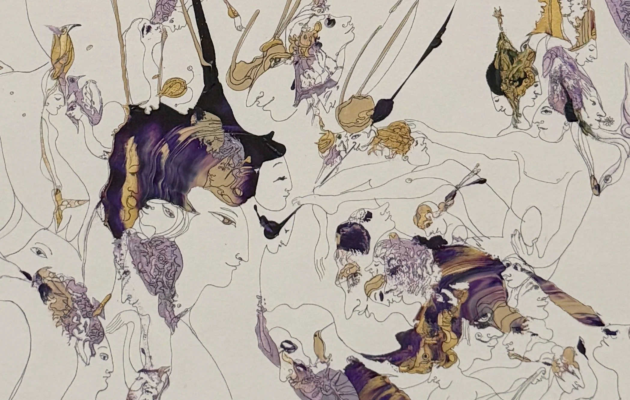 Center detail of Chopin (Nocturn) showing layered symbolic faces, flowing forms, and rich violet and golden acrylic and ink textures inspired by musical harmony.