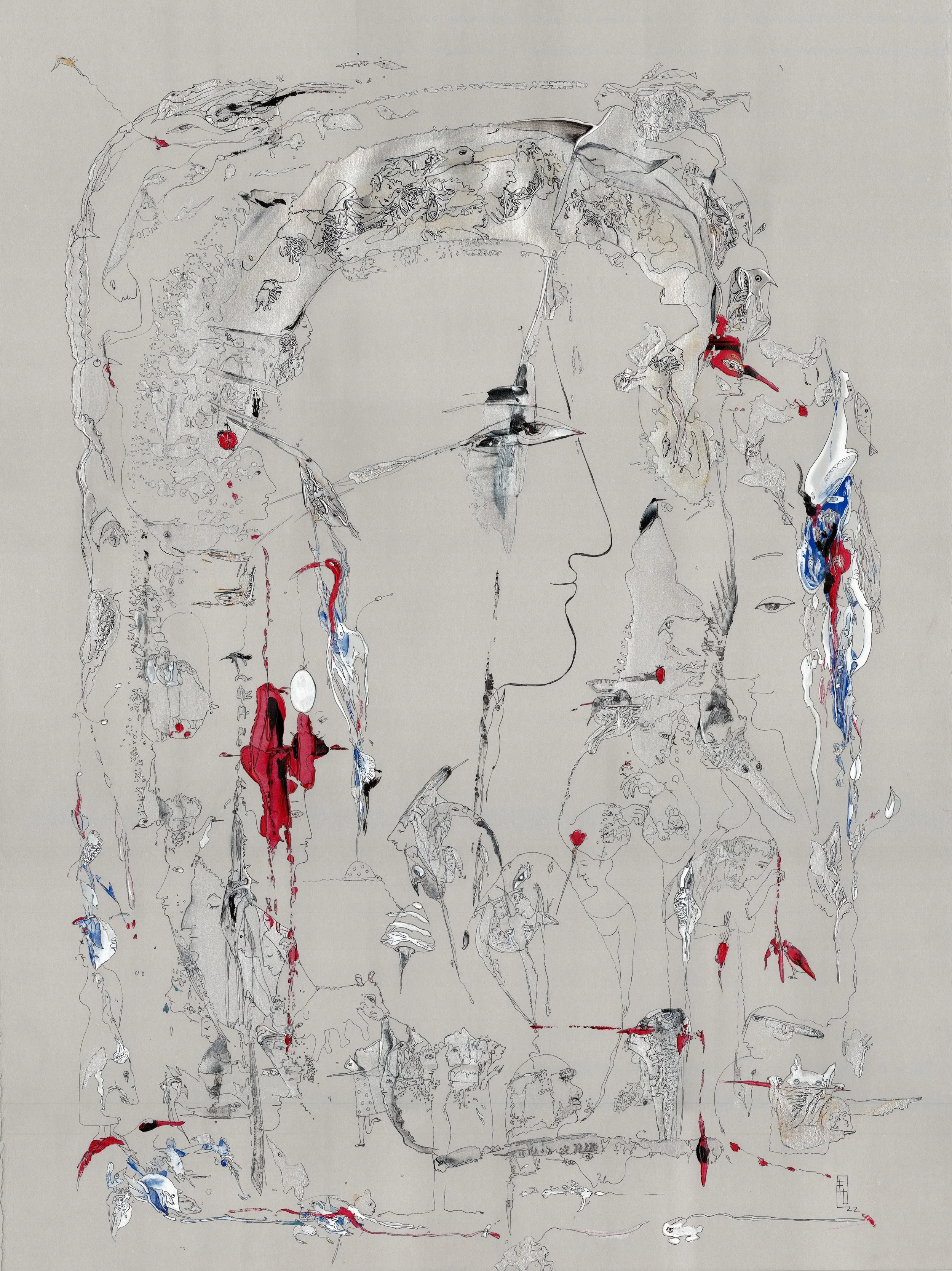 Self-Awareness by Yelena Lezhen, acrylic and ink painting on paper featuring a large symbolic human profile filled with intricate figures, birds, animals, and surreal imagery.