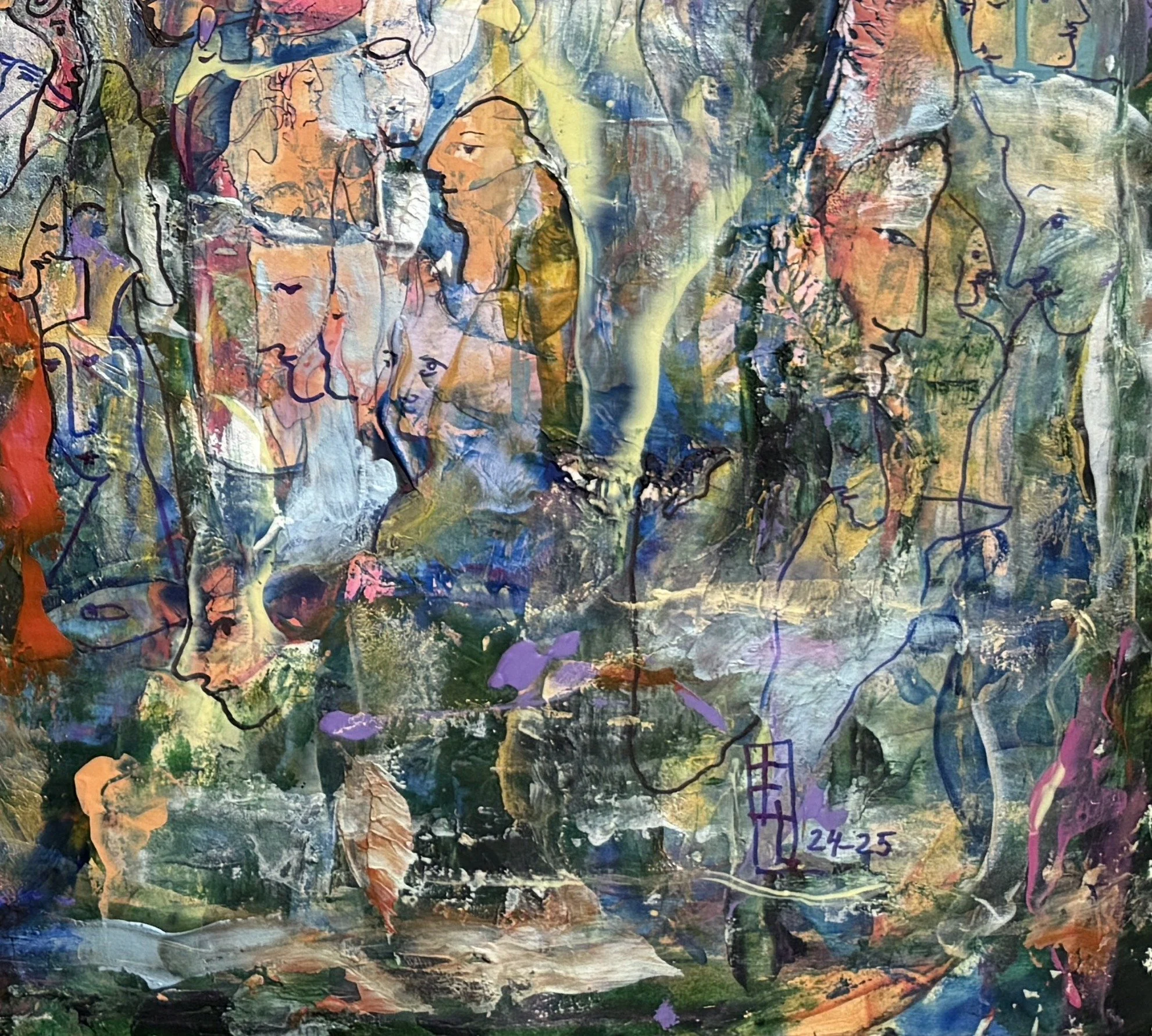 Lower-right detail of Journey Through Life showing overlapping portraits, abstract figurative elements, textured brushwork, and symbolic imagery representing reflection and human relationships.