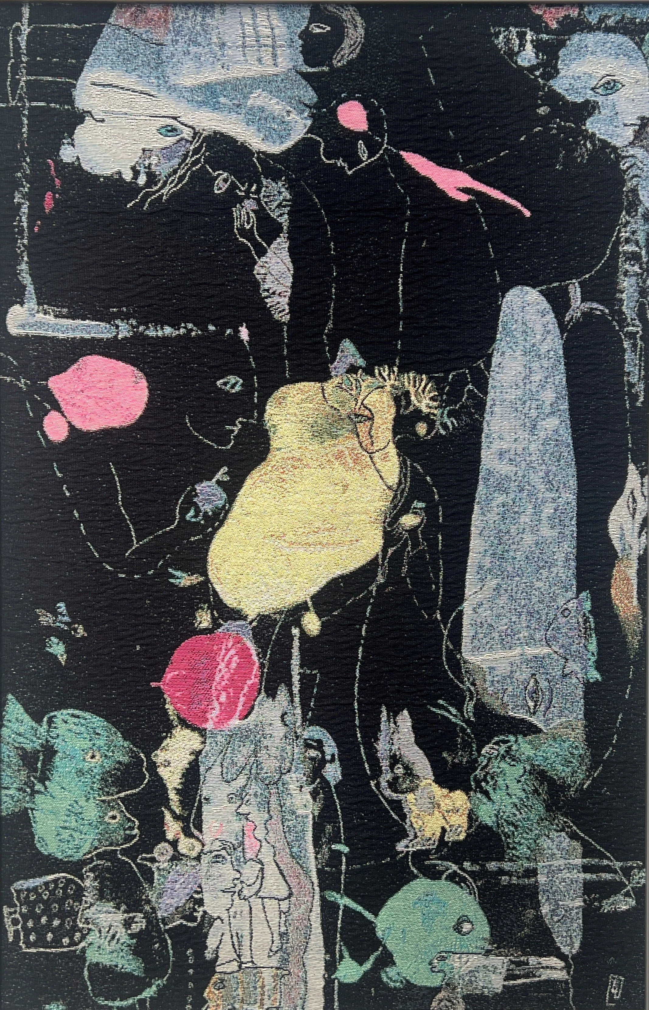 Limited edition woven tapestry "Childhood Dreams" featuring symbolic figures, birds, fish, and surreal imagery in black, turquoise, ivory, and pink.