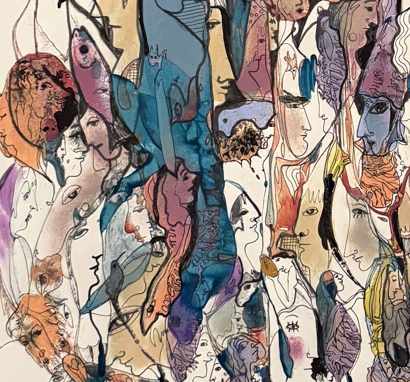 Center left detail of Cage of Mind featuring expressive hidden faces, symbolic portraits, birds, and layered acrylic and ink textures.