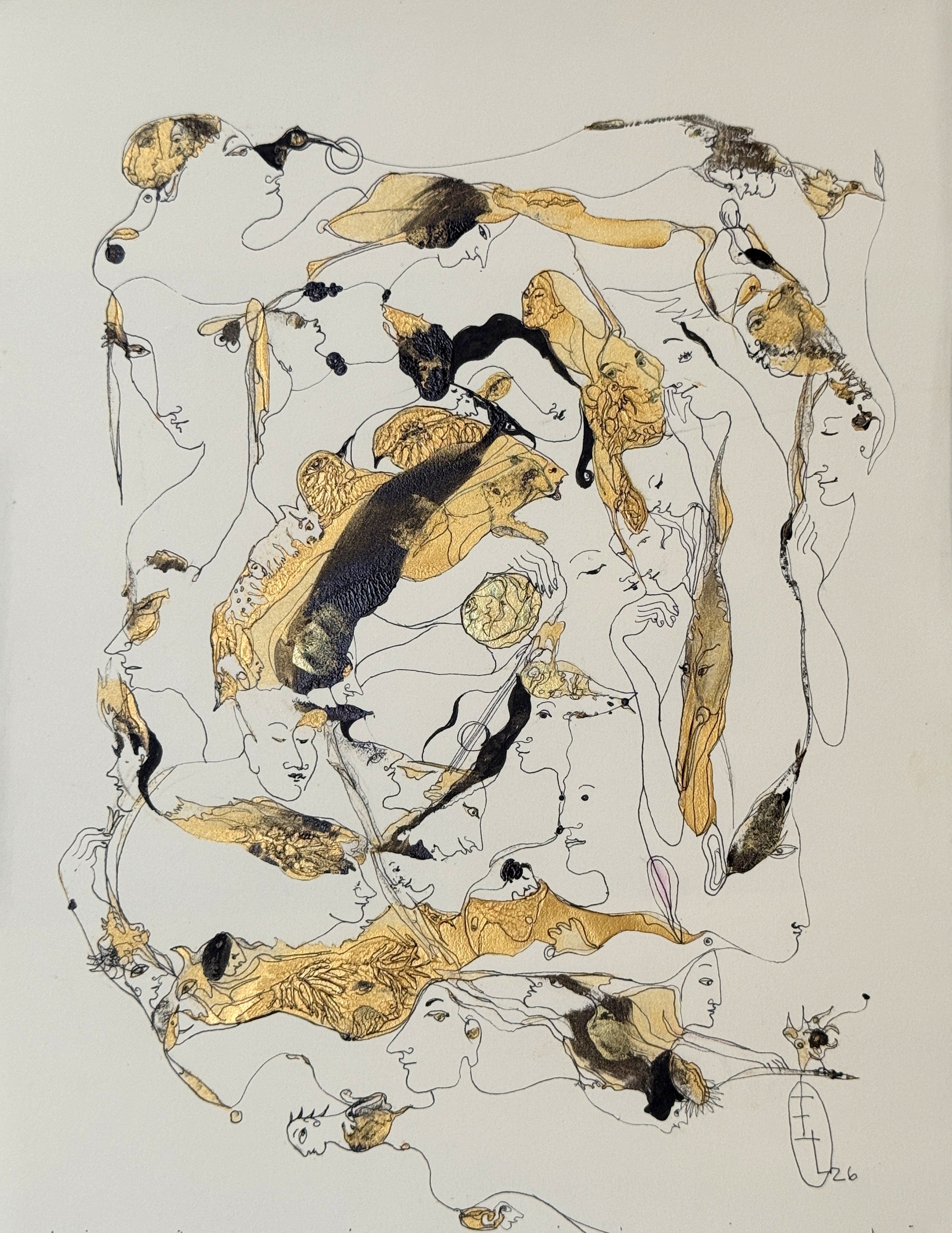 Golden Kingdom, original acrylic and ink painting on paper by Yelena Lezhen featuring symbolic faces, birds, and golden organic forms in a visionary surreal composition.
