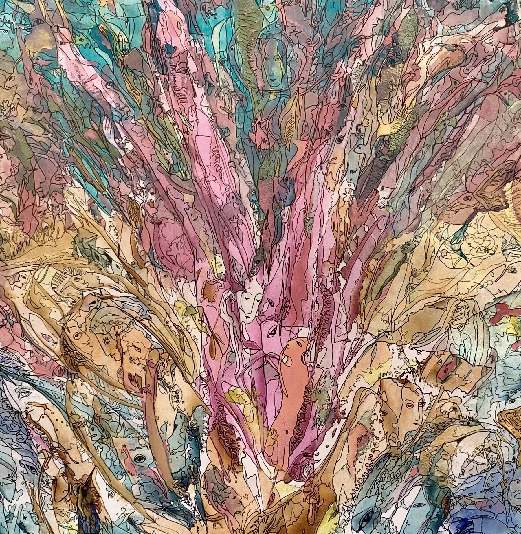Center detail of Reminiscing of the Garden of Fantasy Delights showing the radiant pink floral core surrounded by hidden human faces, birds, fish, and flowing organic forms.