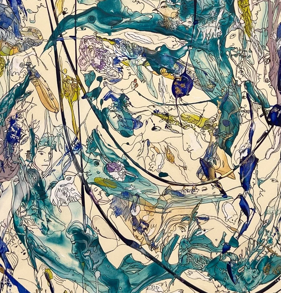 Center detail of Gleaming Illusions of the Dream World highlighting swirling dream imagery, hidden portraits, birds, and flowing turquoise symbolic forms.