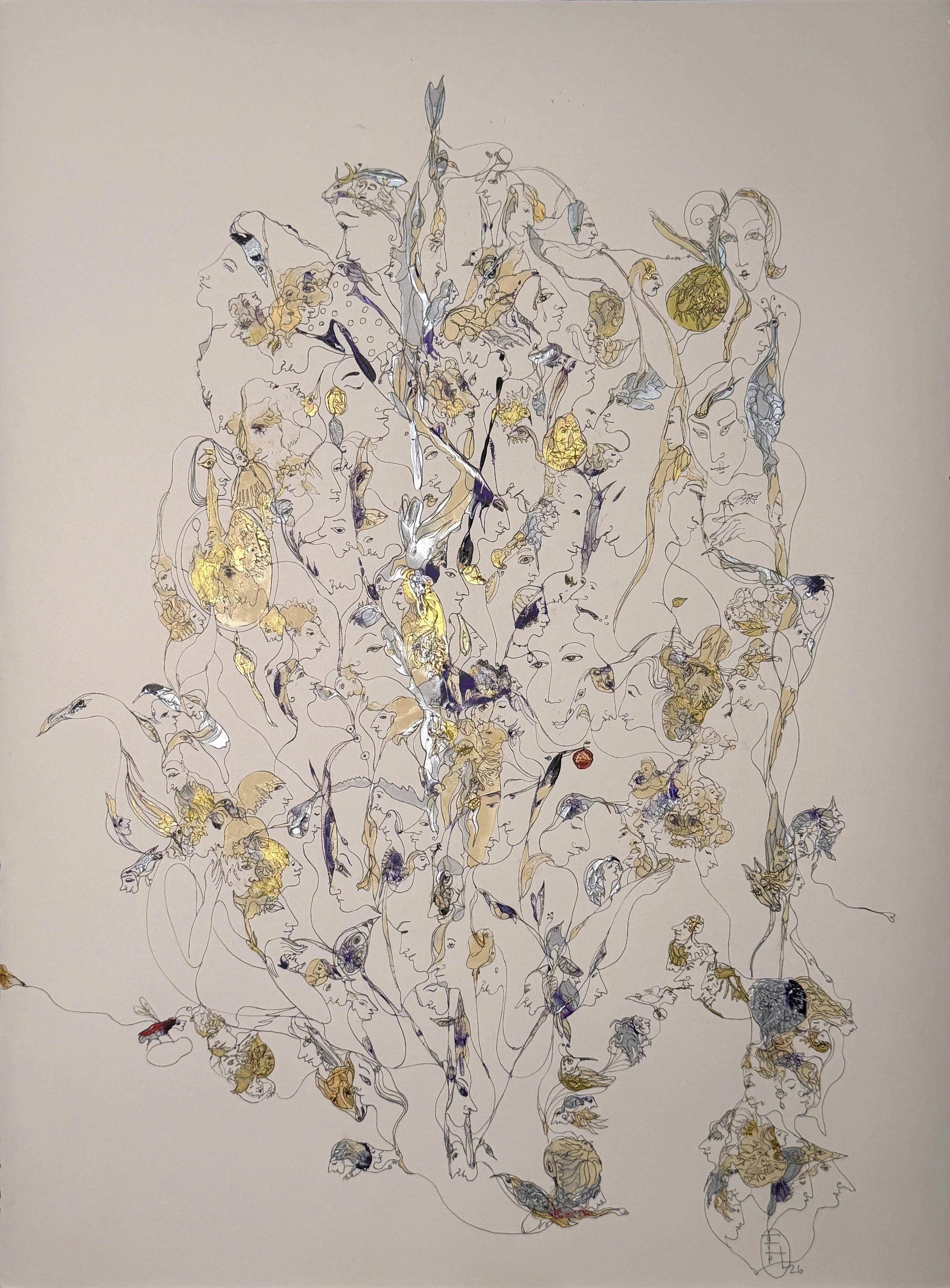 Living Connections by Yelena Lezhen, symbolic acrylic and ink painting featuring interconnected faces, birds, botanical forms, and luminous gold leaf on paper