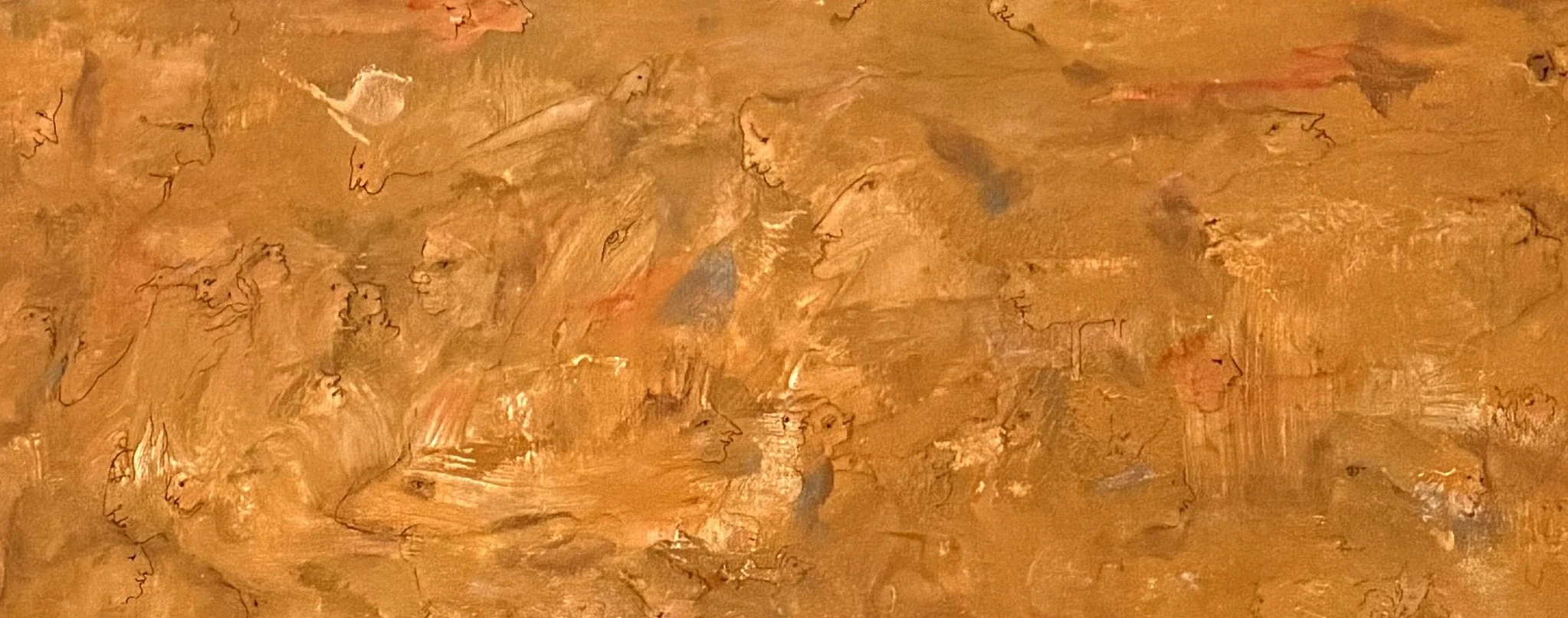 Bottom detail of The Invisible River revealing subtle hidden faces and symbolic figures emerging from warm ochre textures beneath the flowing blue composition.