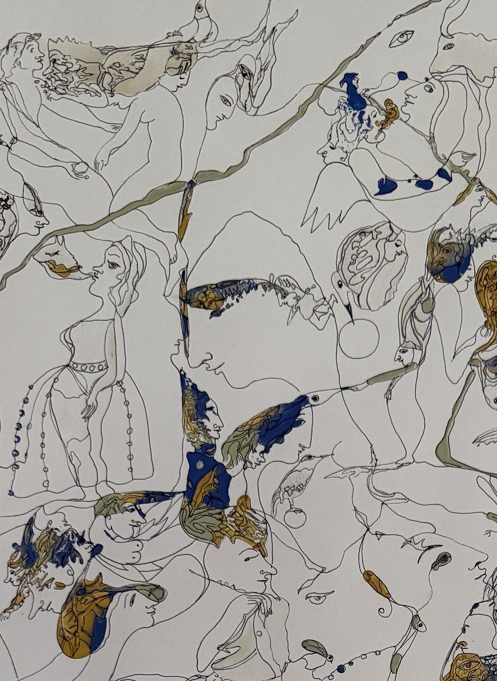 Top-left detail of Emotional Elegance showing symbolic figures, birds, elegant portraits, and intricate contemporary ink drawing with blue and gold highlights.