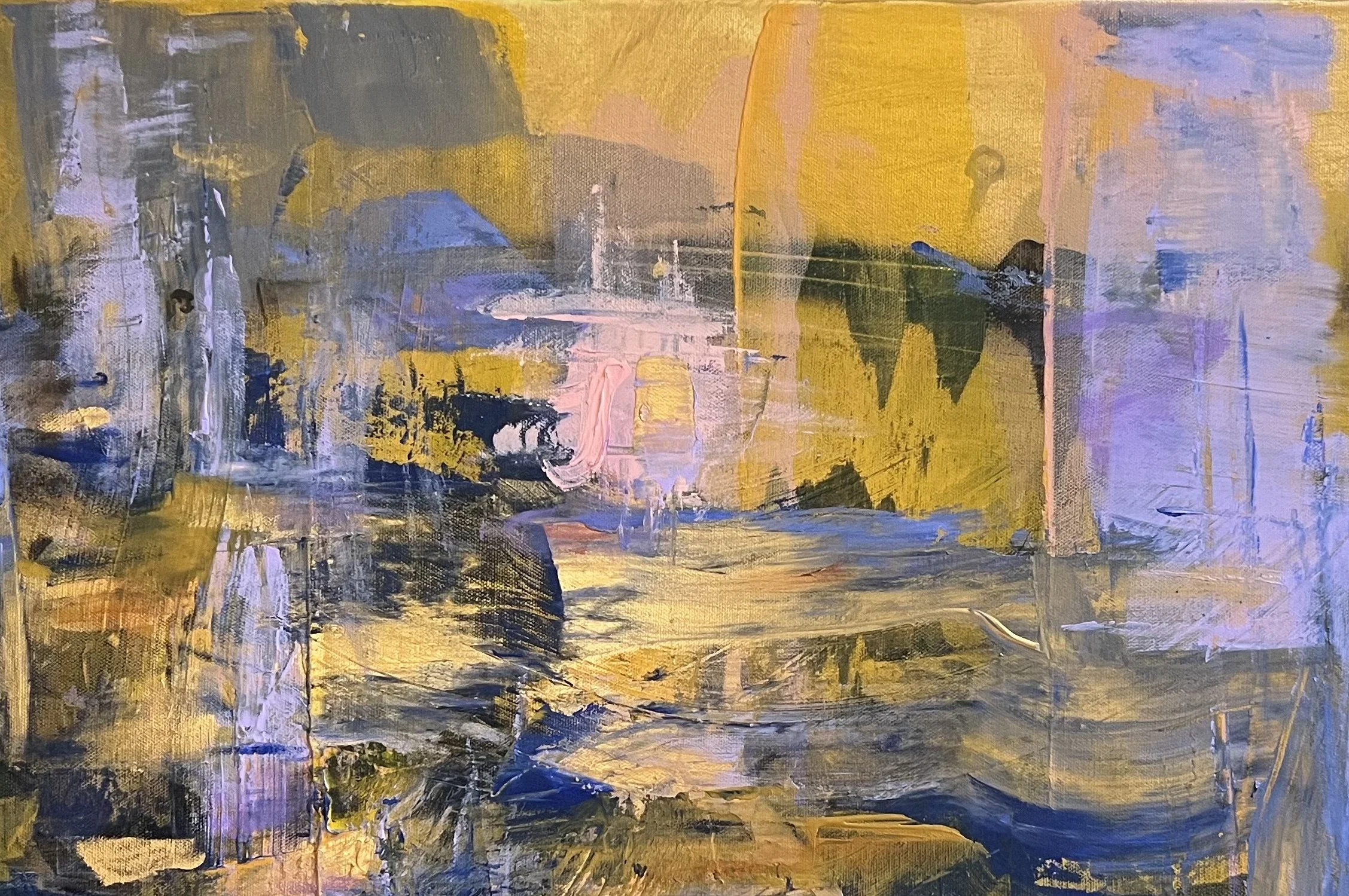 Upper right detail of Sunset showing luminous golden light, layered blue brushstrokes, and expressive abstract textures inspired by the evening sky.