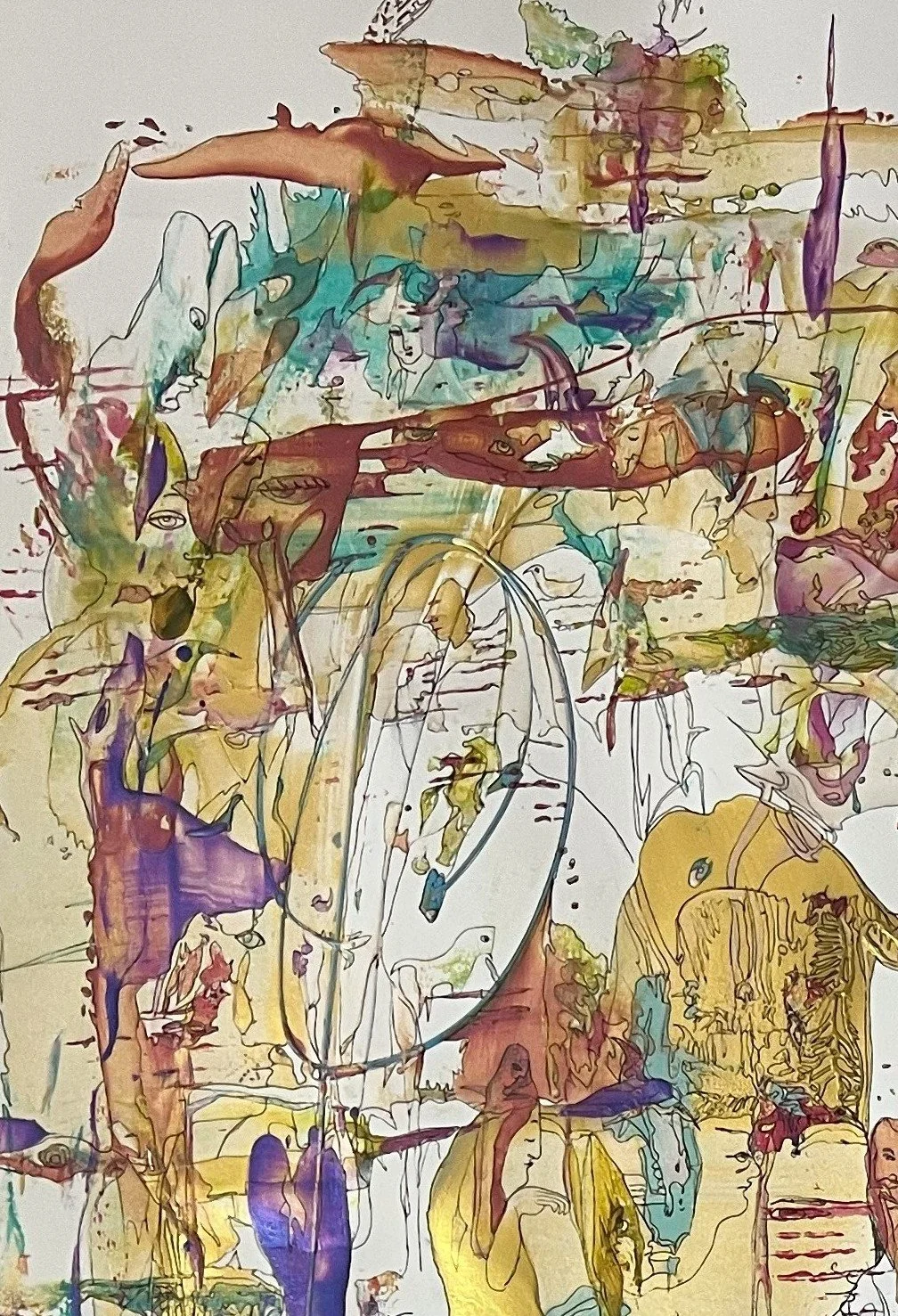 Top-left detail of Outlanders showing symbolic figures, birds, architectural forms, and expressive abstract brushwork with hidden portraits.