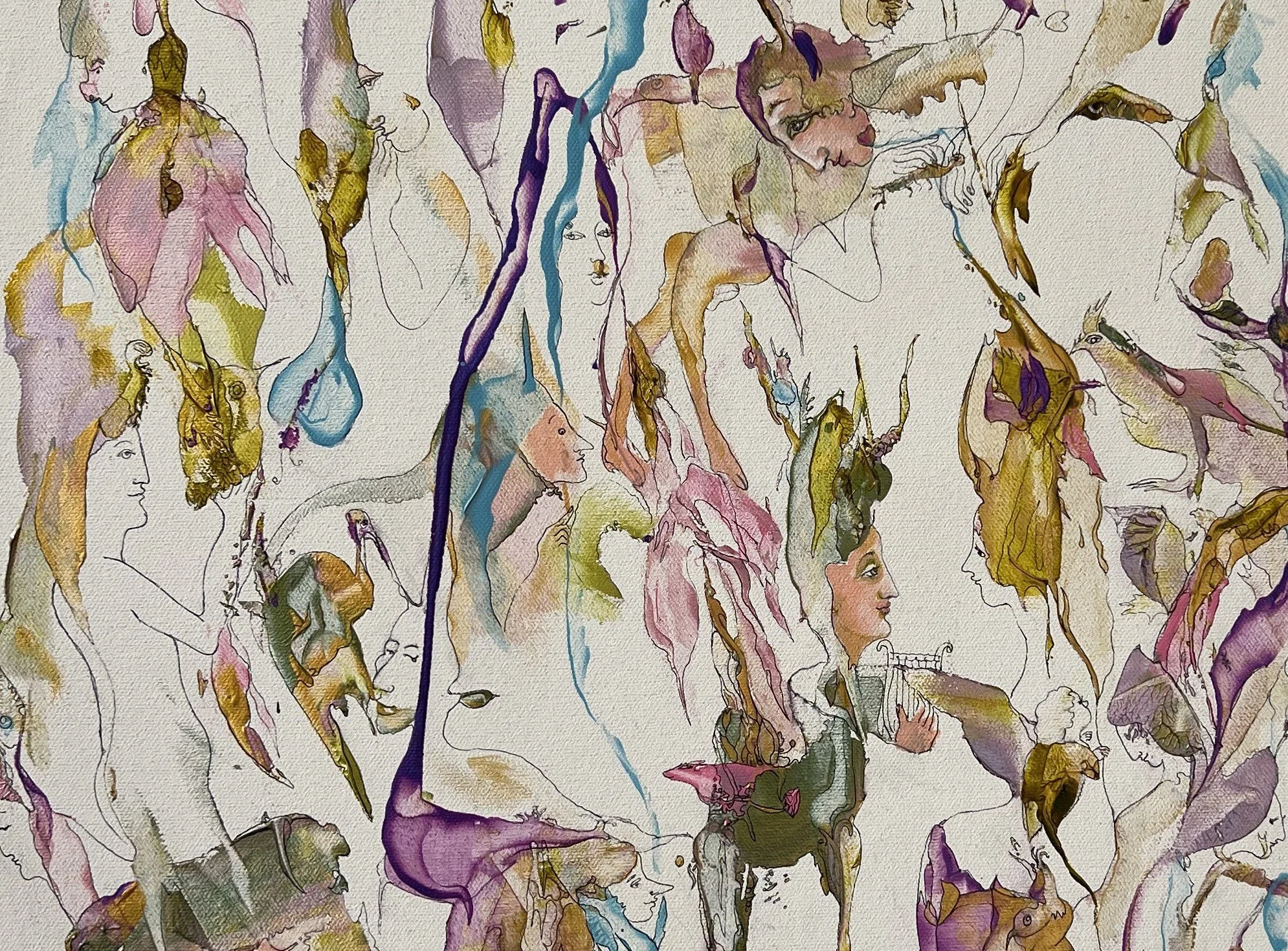 Center detail of Spring Metamorphoses showing delicate symbolic figures, birds, flowering forms, and a musician emerging from flowing ink lines and translucent spring colors