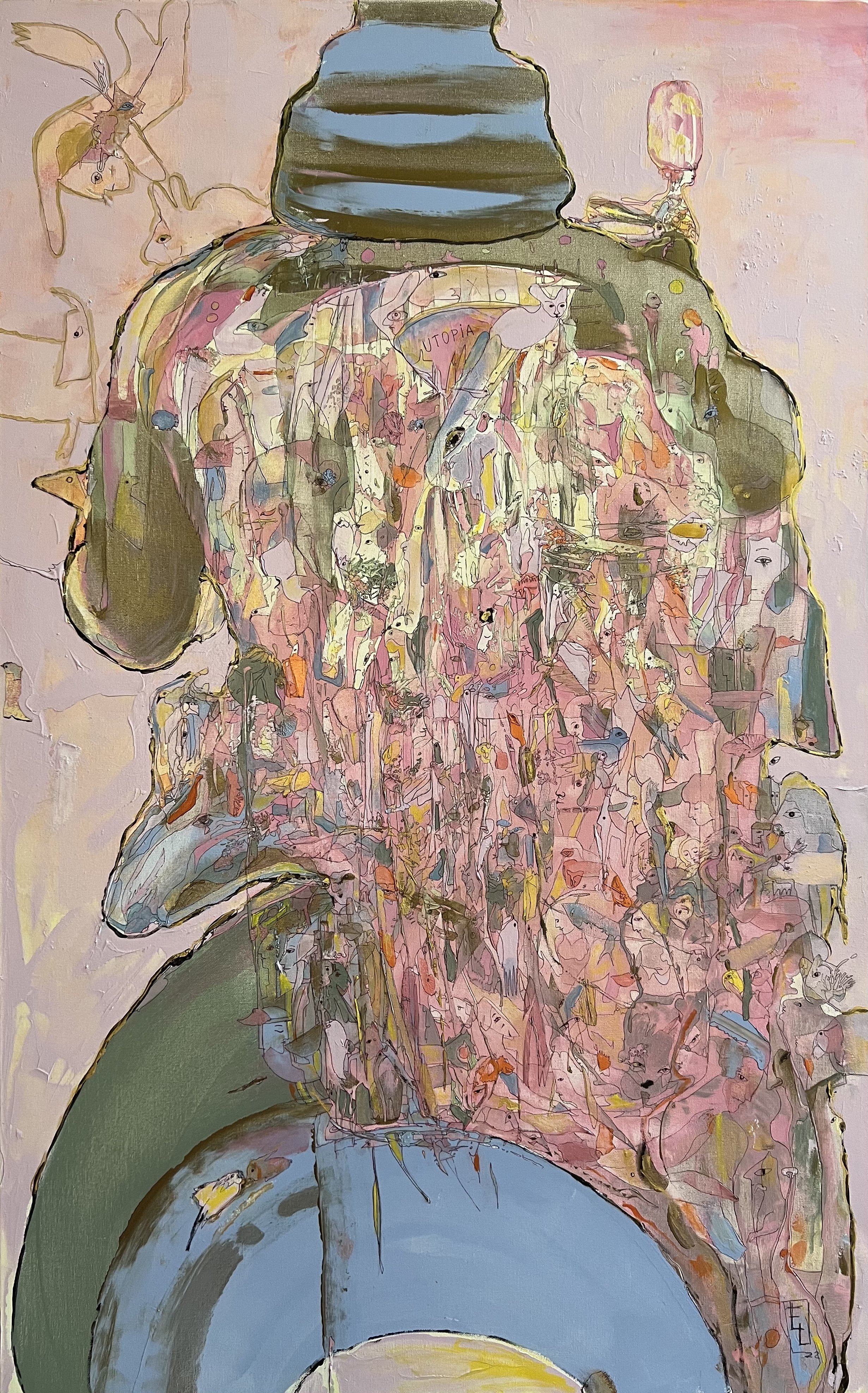 Pink Ice Cream Town, original painting by Yelena Lezhen depicting a giant human figure shaped like a pink ice cream, filled with symbolic people, birds, animals, and surreal dream imagery.