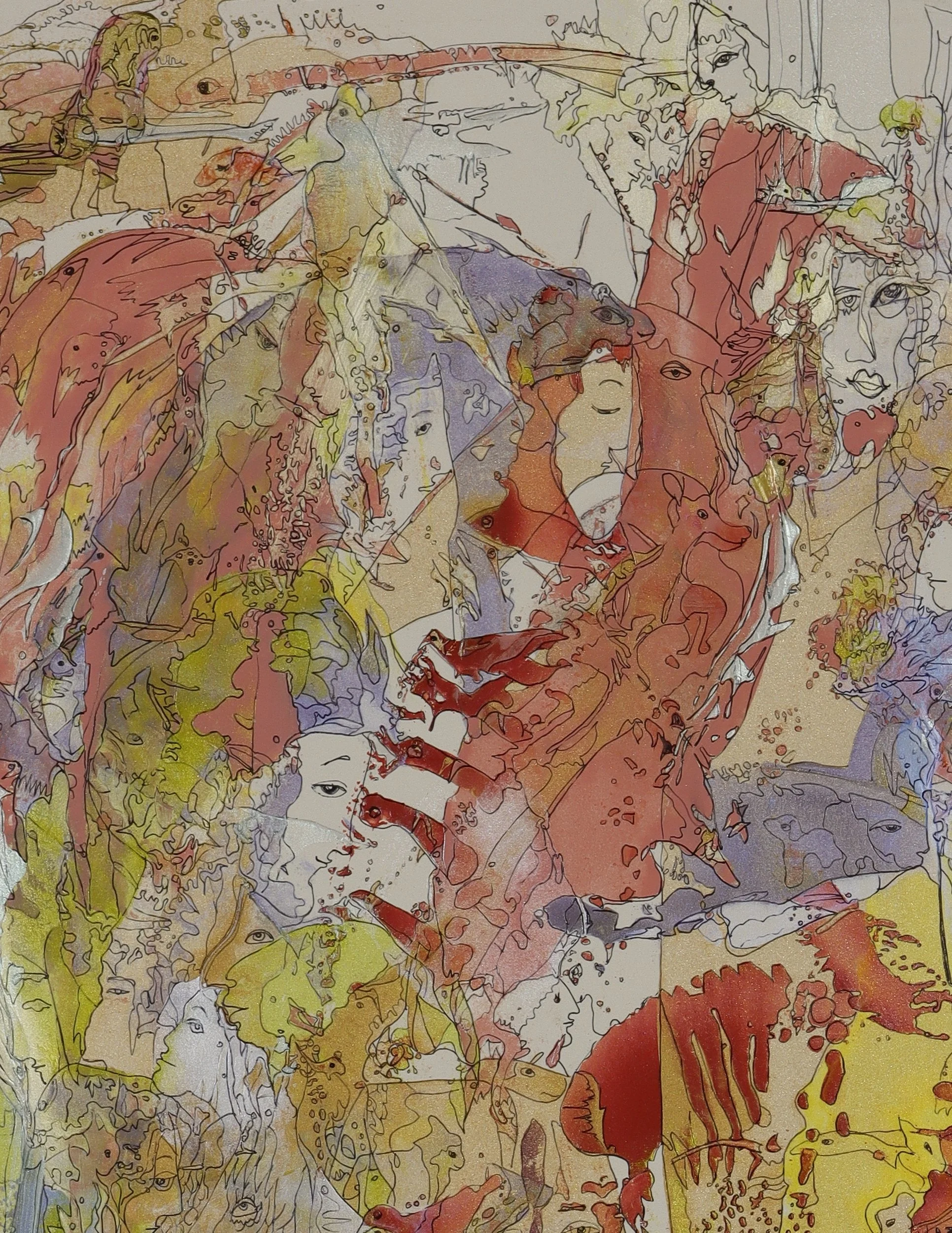 Top-left detail of Lost in the Future showing interconnected faces, symbolic figures, birds, and flowing abstract forms in a contemporary figurative composition.