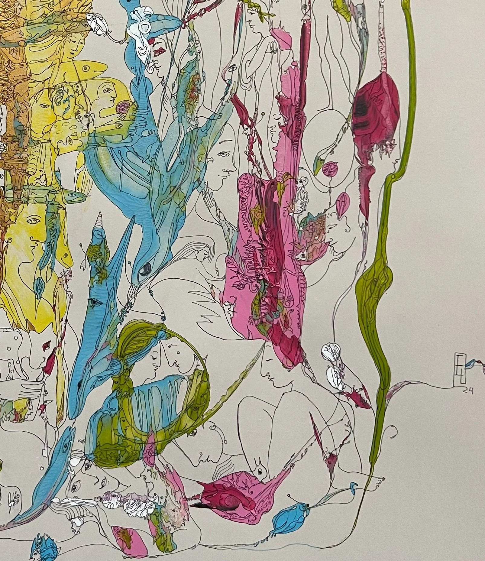 Lower right detail of Treasure of Pleasure highlighting hidden portraits, intertwined figures, botanical forms, and vibrant magenta, turquoise, and green accents.