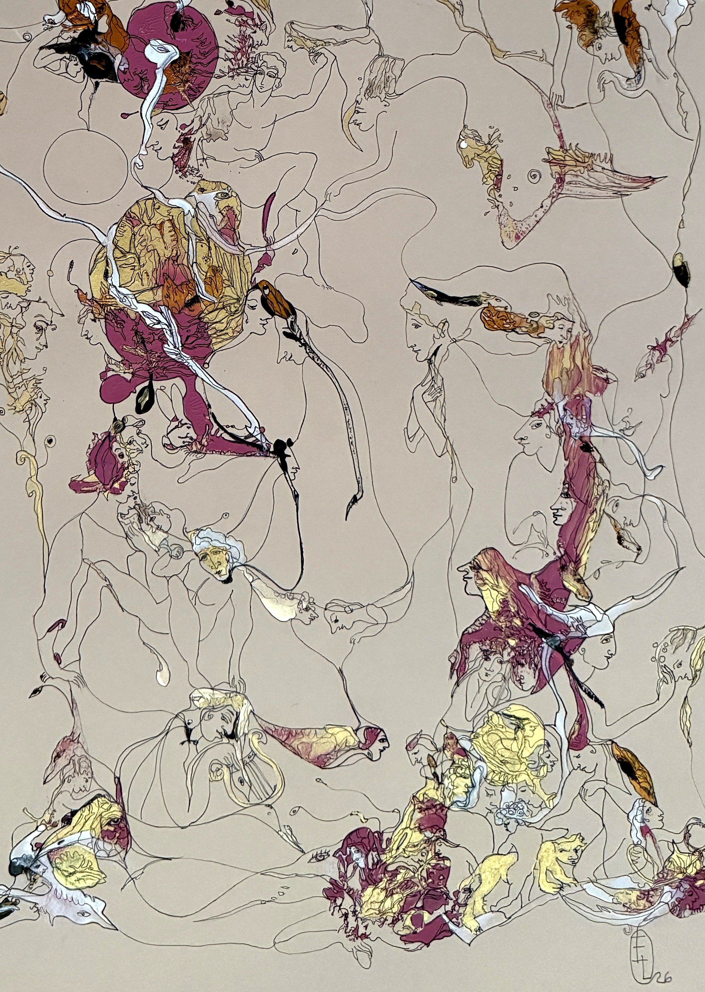 Detail from Pink Poetry showing expressive figurative forms, symbolic faces, birds, and intricate pink and gold abstract linework by Yelena Lezhen.