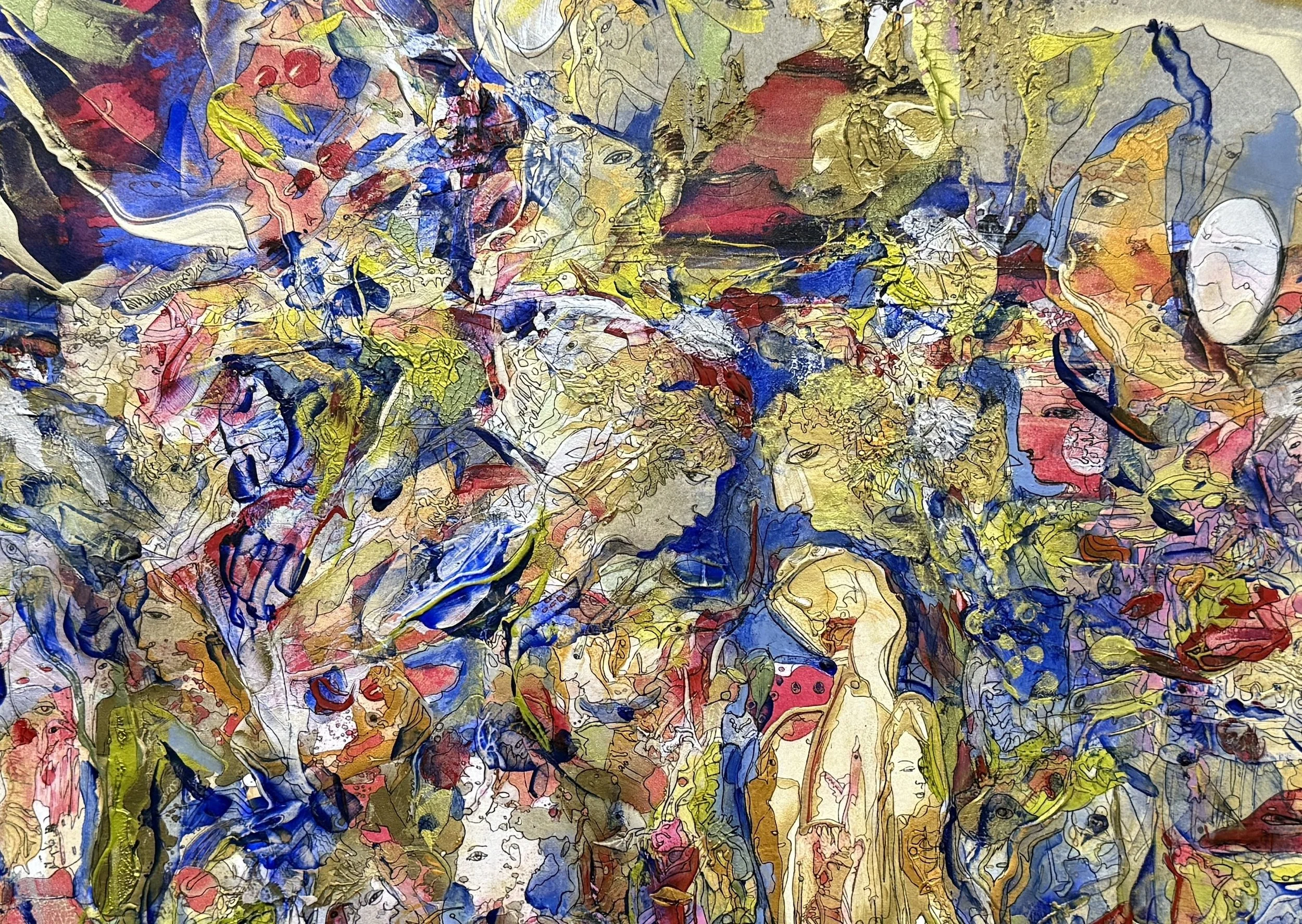 Center detail of Freedom Space highlighting expressive faces, symbolic figures, birds, and richly layered acrylic and ink textures.