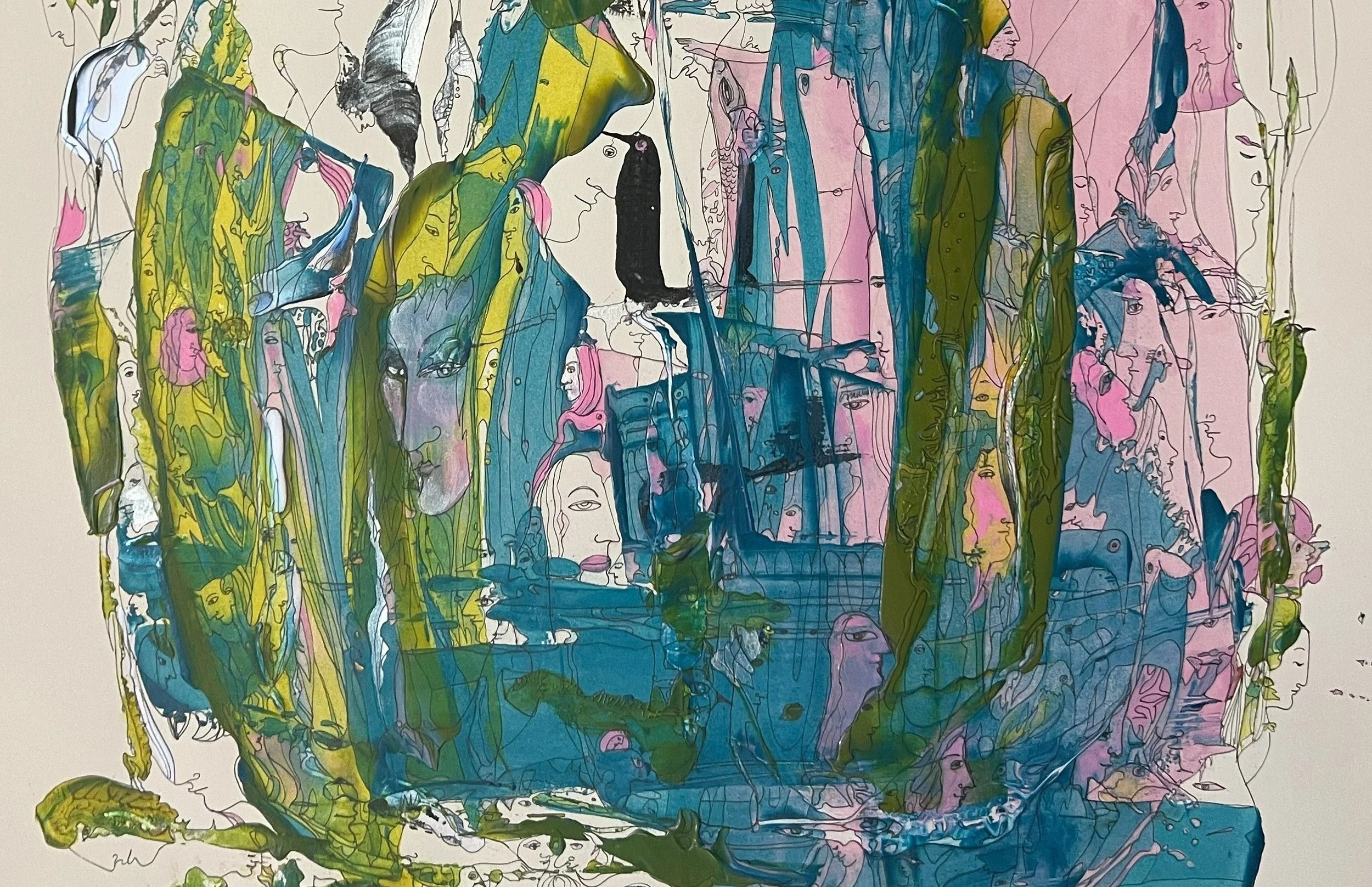 Center-down detail of Boat and Its Passengers showing hidden faces, symbolic figures, and abstract boat imagery in layered turquoise and green washes.