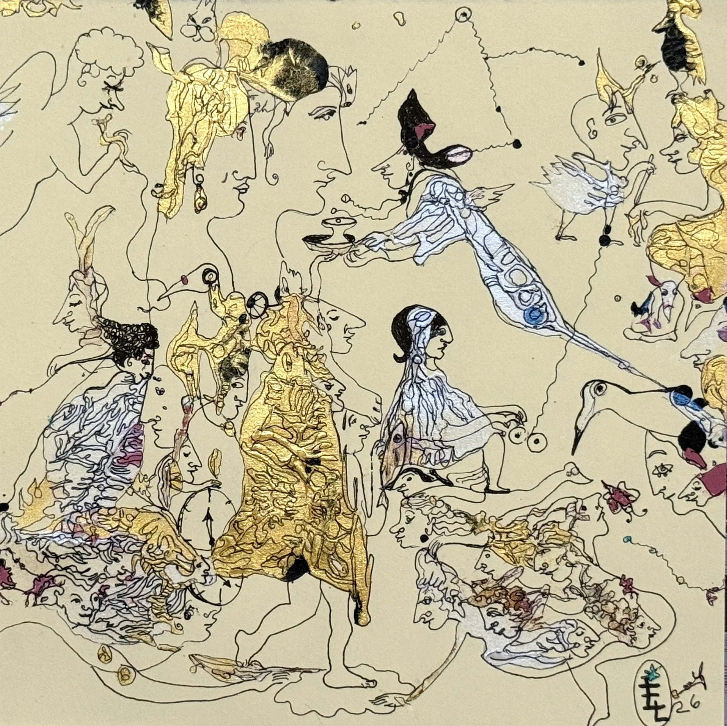 Perfect Trip, original acrylic and ink painting on paper by Yelena Lezhen featuring symbolic figures, birds, and dreamlike travelers in a surreal visionary composition.