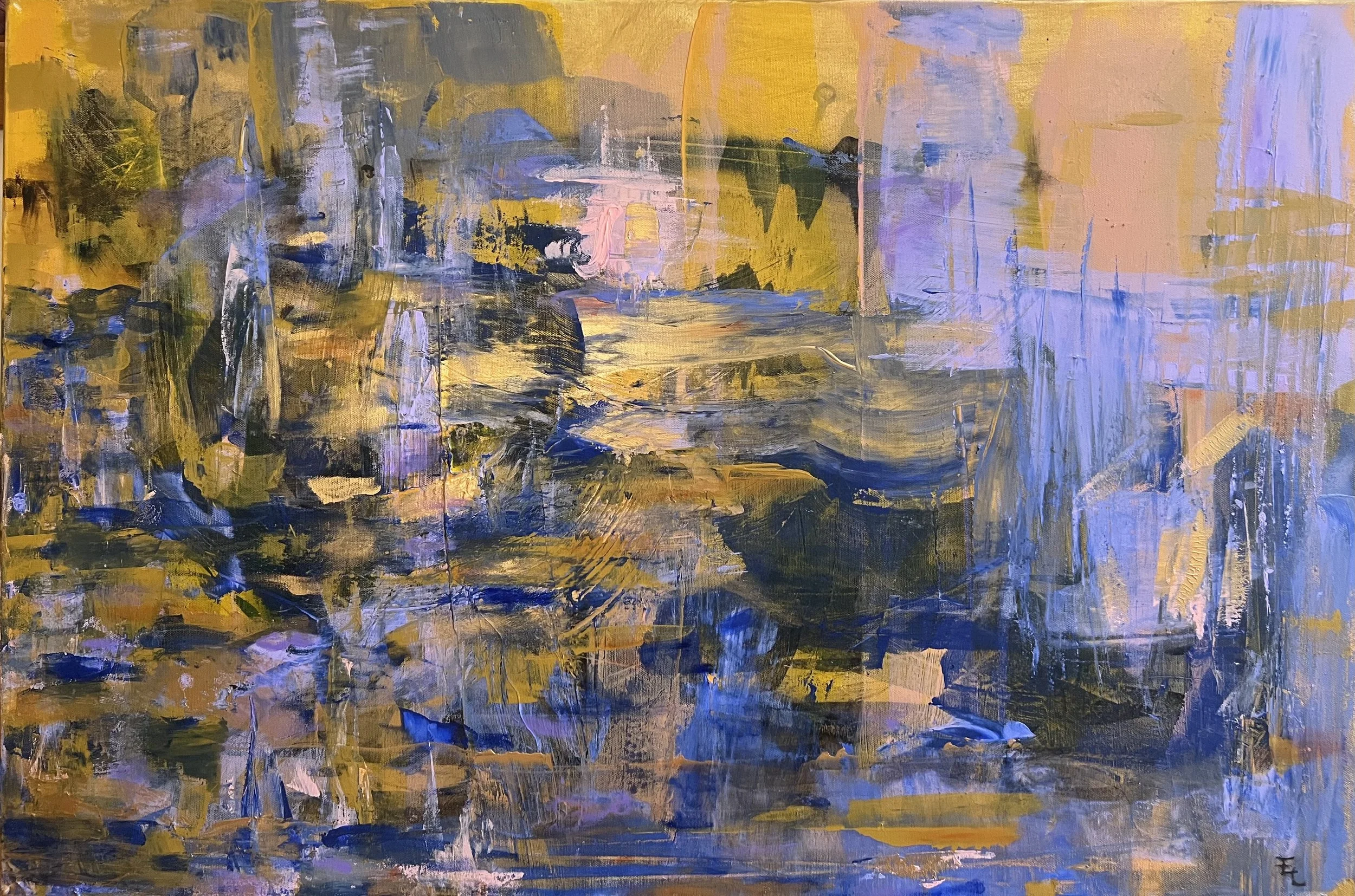 Sunset, original abstract acrylic painting on canvas by Yelena Lezhen featuring luminous blue, gold, lavender, and pink tones suggesting an atmospheric sunset landscape