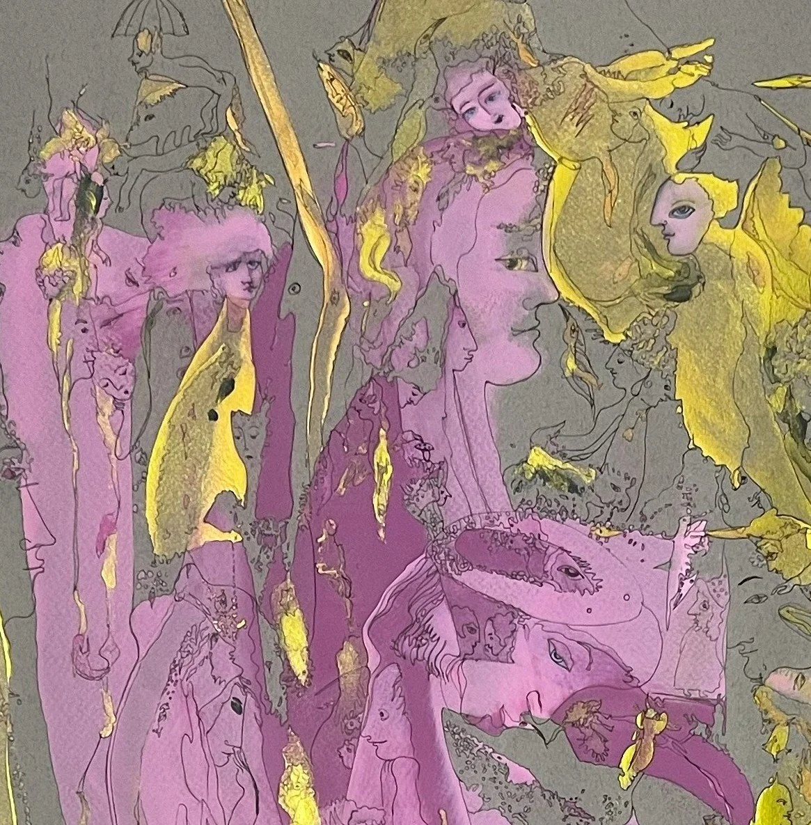 Top-left detail of Silent Language revealing hidden faces, symbolic figures, and luminous gold and violet forms expressing quiet human connection and imagination.
