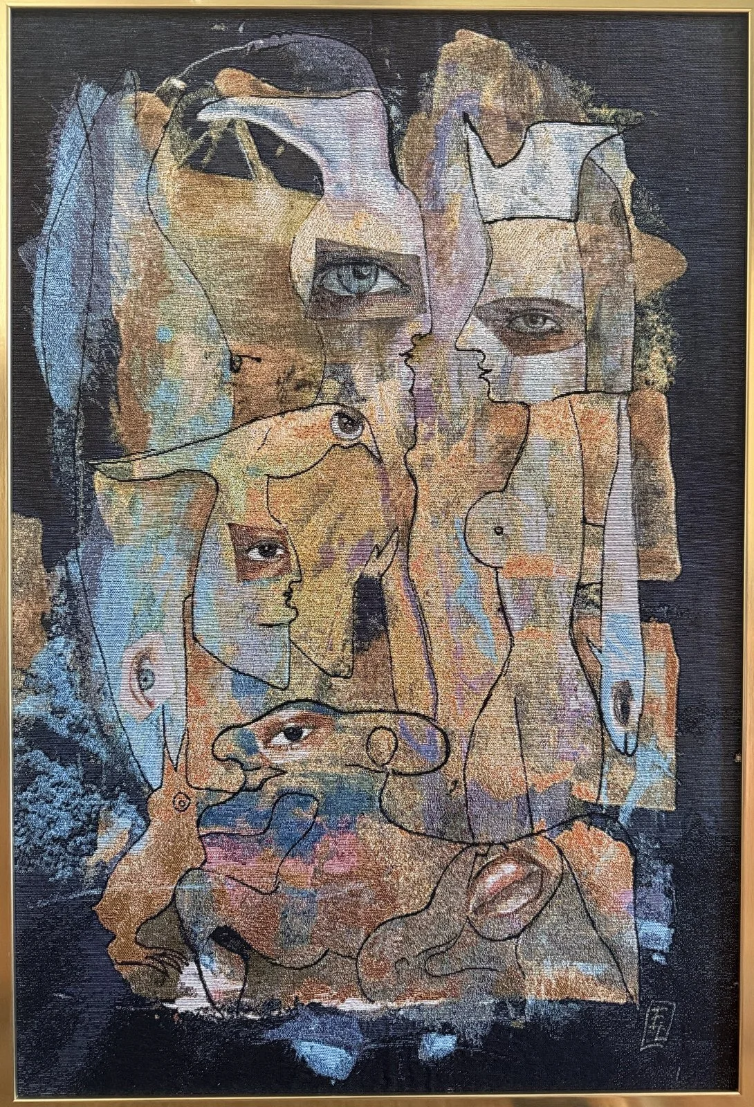 Framed limited edition woven tapestry "Camera Obscura" displaying layered portraits, expressive eyes, and symbolic abstract imagery in a gold frame.