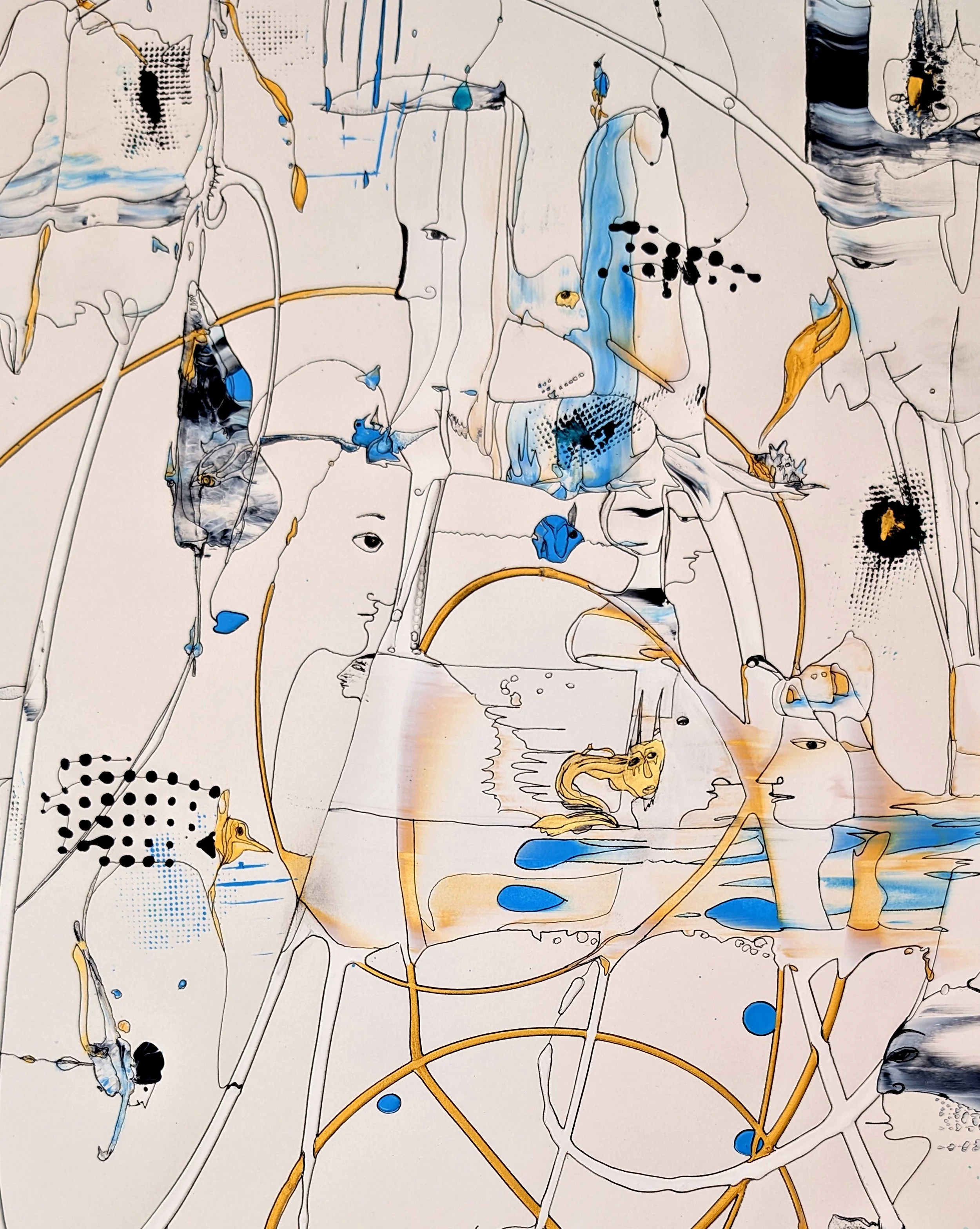 Center detail of Artificial Intelligence Challenge featuring hidden faces, circular golden lines, abstract blue forms, and symbolic figurative imagery.