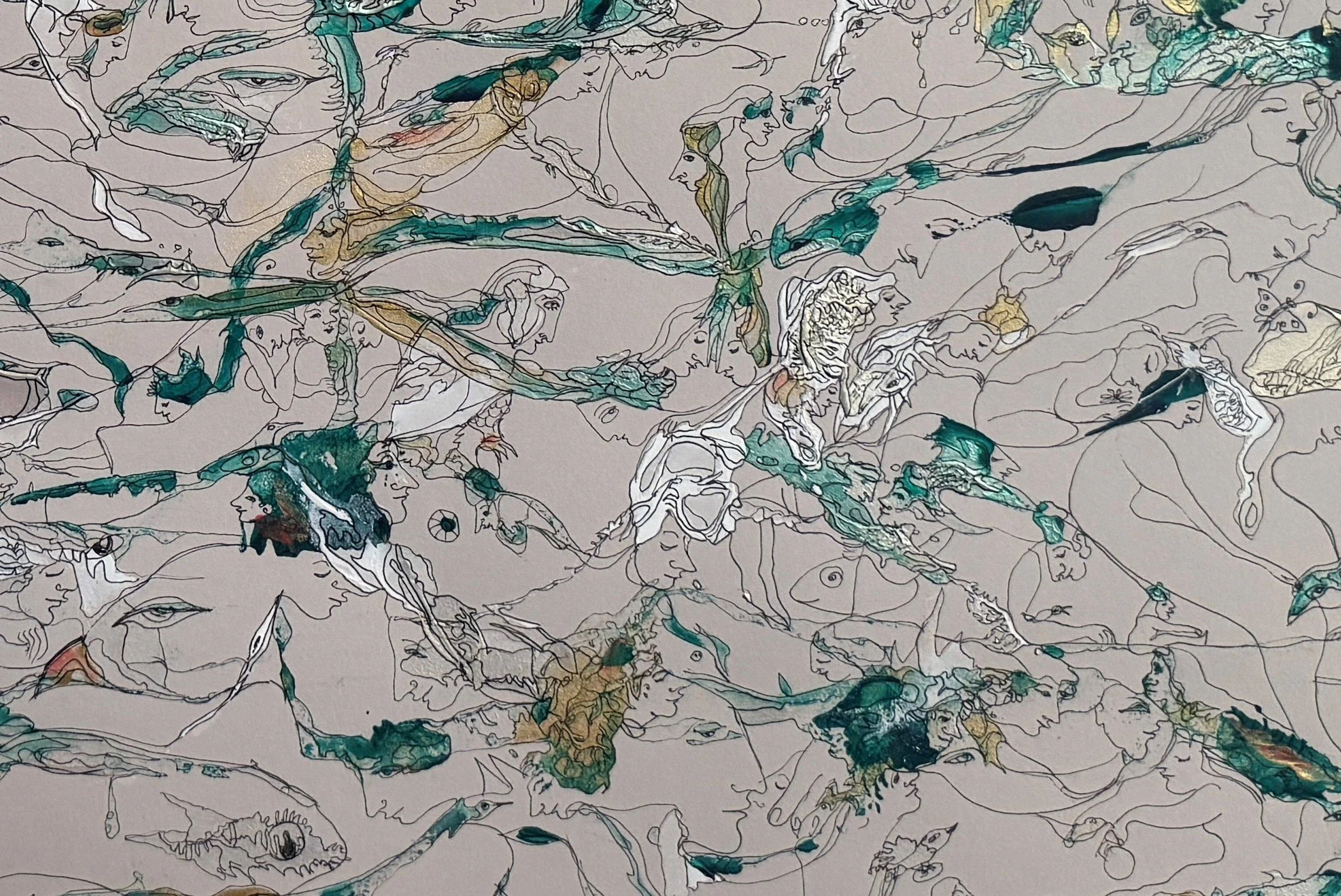 Green is a Color of Hope, 2025, Acrylic and ink on paper, 22x30, frame 40.5”x28.5” Fragment 2.jpg