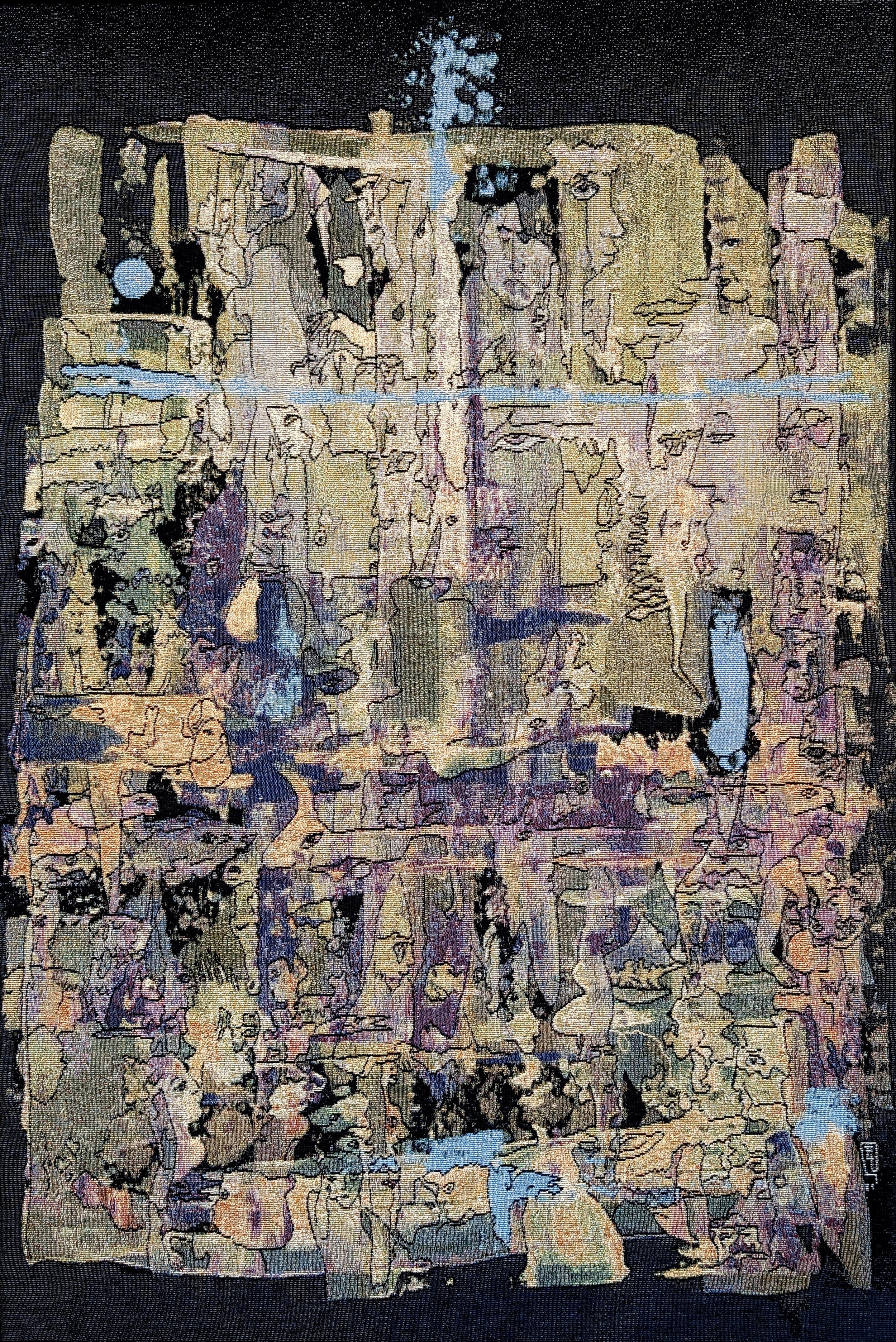 Limited edition woven tapestry "Mystery of Our Existence" featuring symbolic figures, expressive faces, layered architectural forms, and dreamlike imagery in soft earth tones.