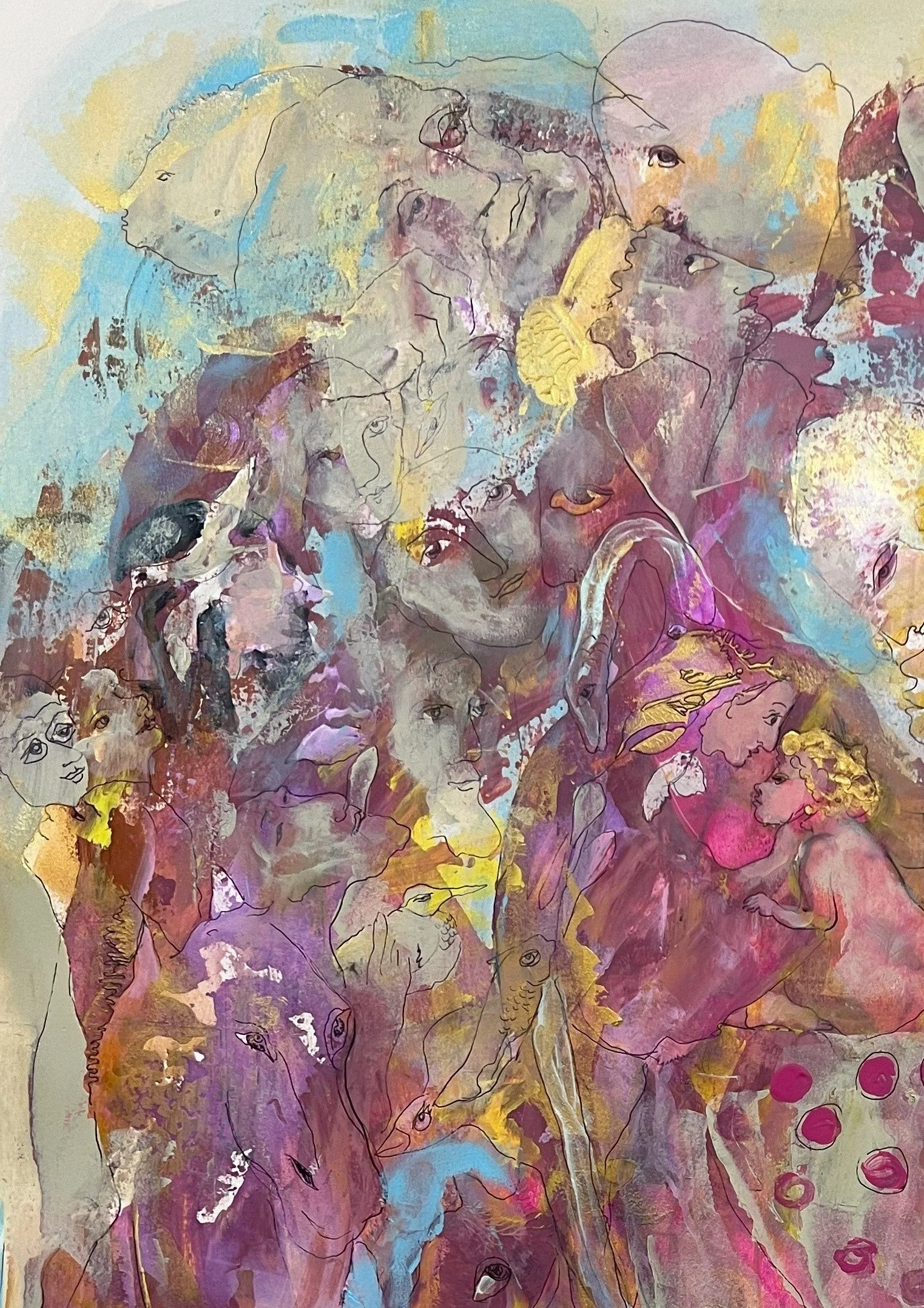 Upper left detail of Eternal Story featuring overlapping symbolic faces, expressive portraits, and dreamlike blue, violet, and golden textures.