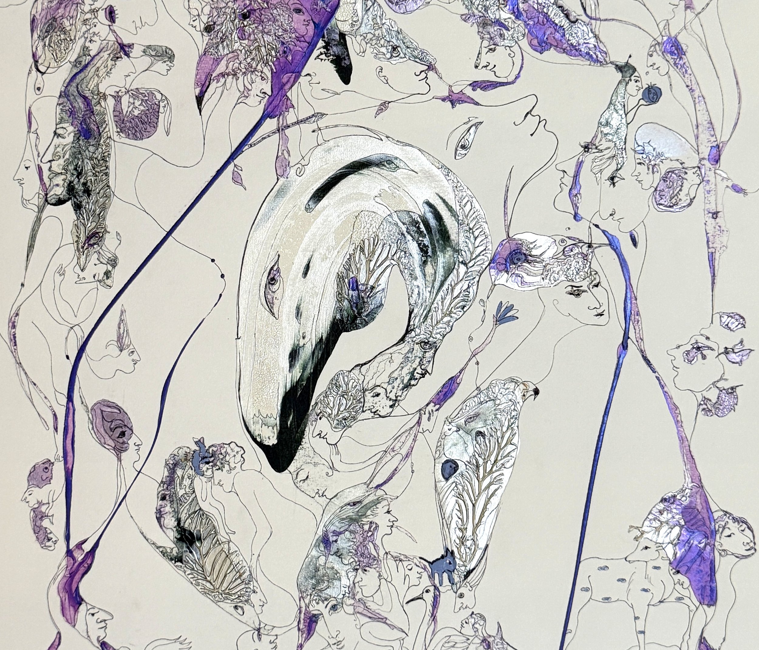 Center detail of The Garden of Imagine Beings showing symbolic faces, fantastical creatures, flowing violet forms, and intricate ink linework.