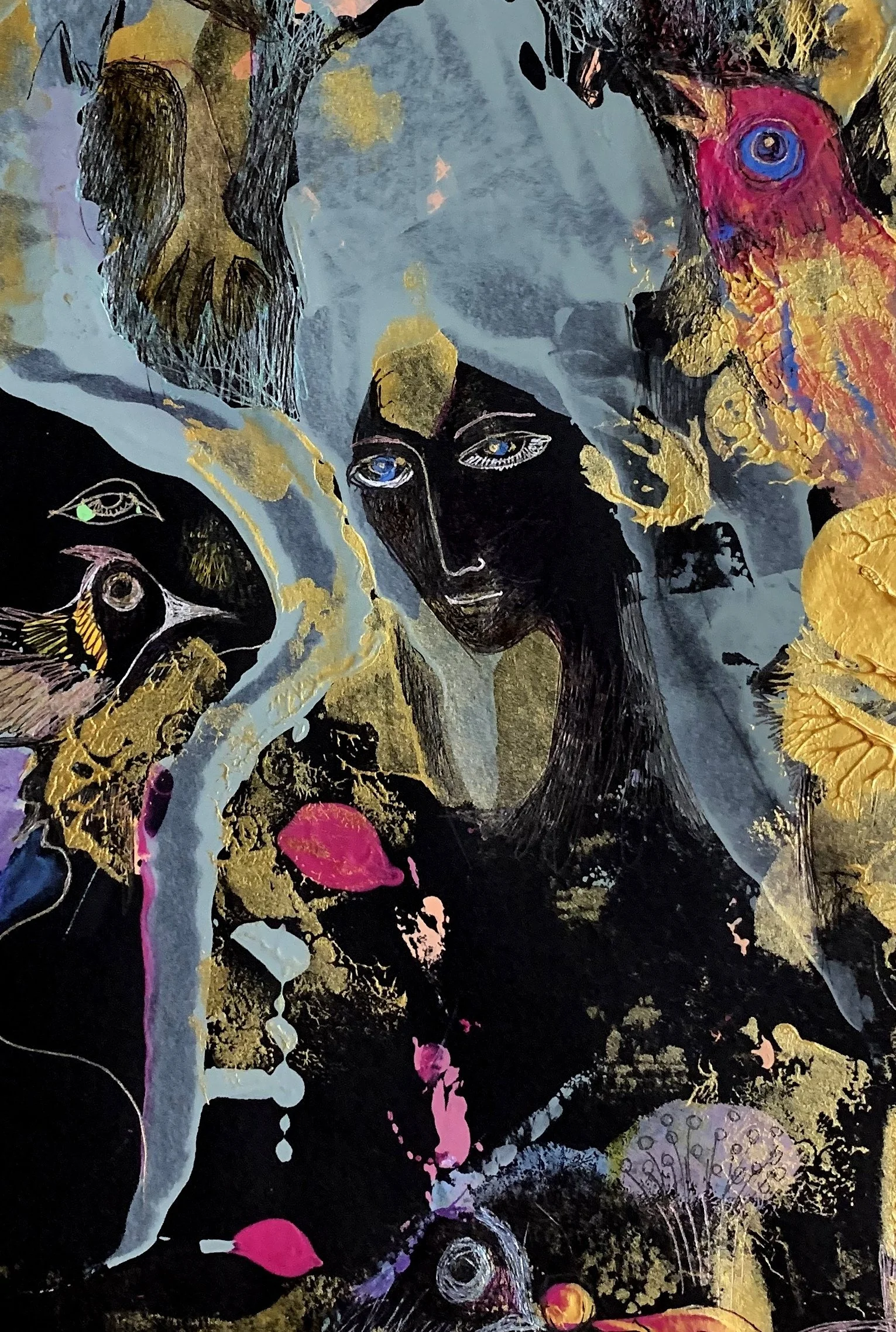 Detail of Caribbean Dream showing a symbolic female face surrounded by tropical birds, flowing forms, and gold textures in acrylic and ink.