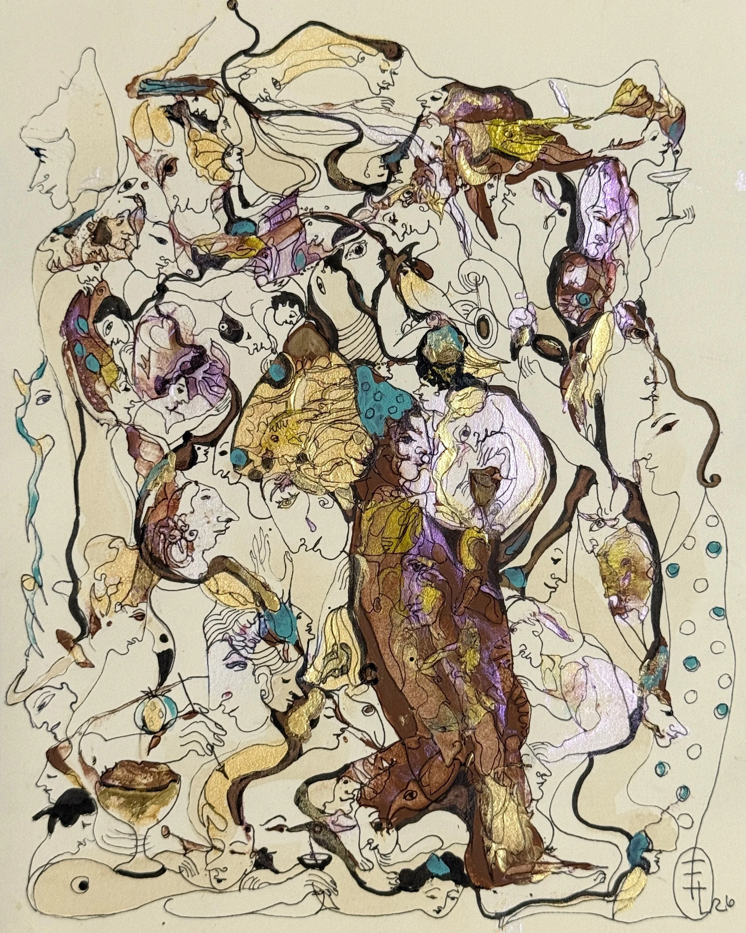 Chocolate Martini, original acrylic and ink painting on paper by Yelena Lezhen featuring symbolic faces, birds, organic forms, and whimsical surreal figurative imagery.