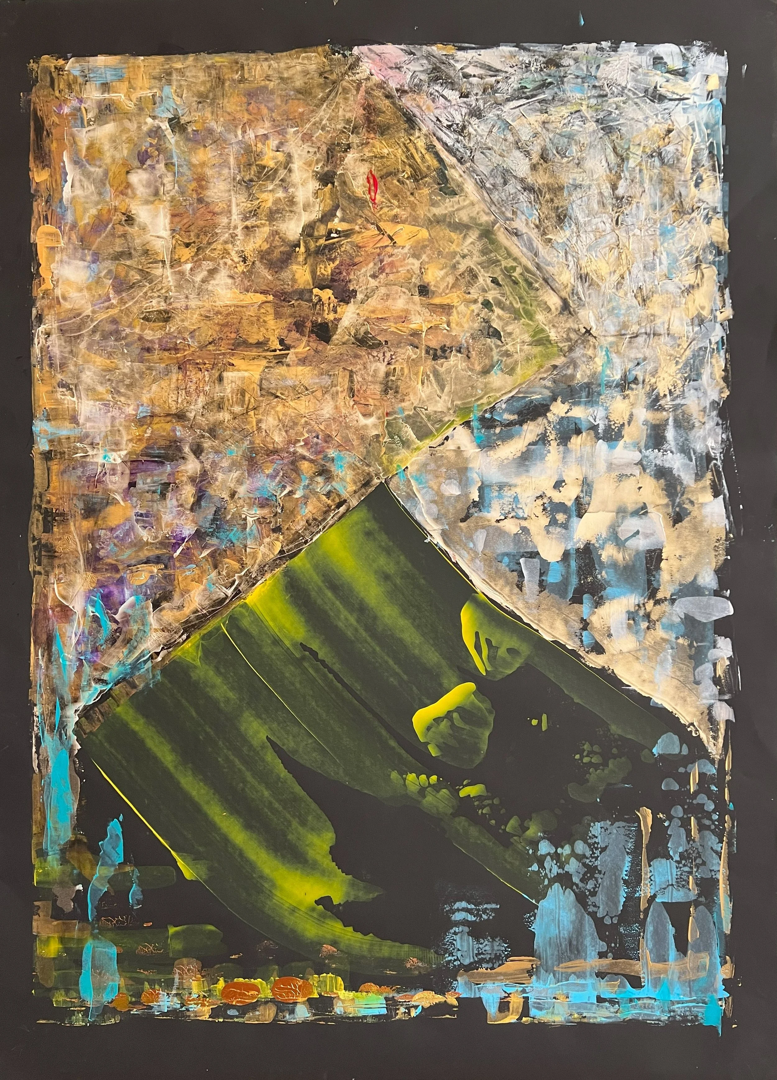 iInfinity, contemporary abstract painting with geometric forms, textured earth tones, vibrant green, blue, and black fields symbolizing nature, space, and infinite possibility.