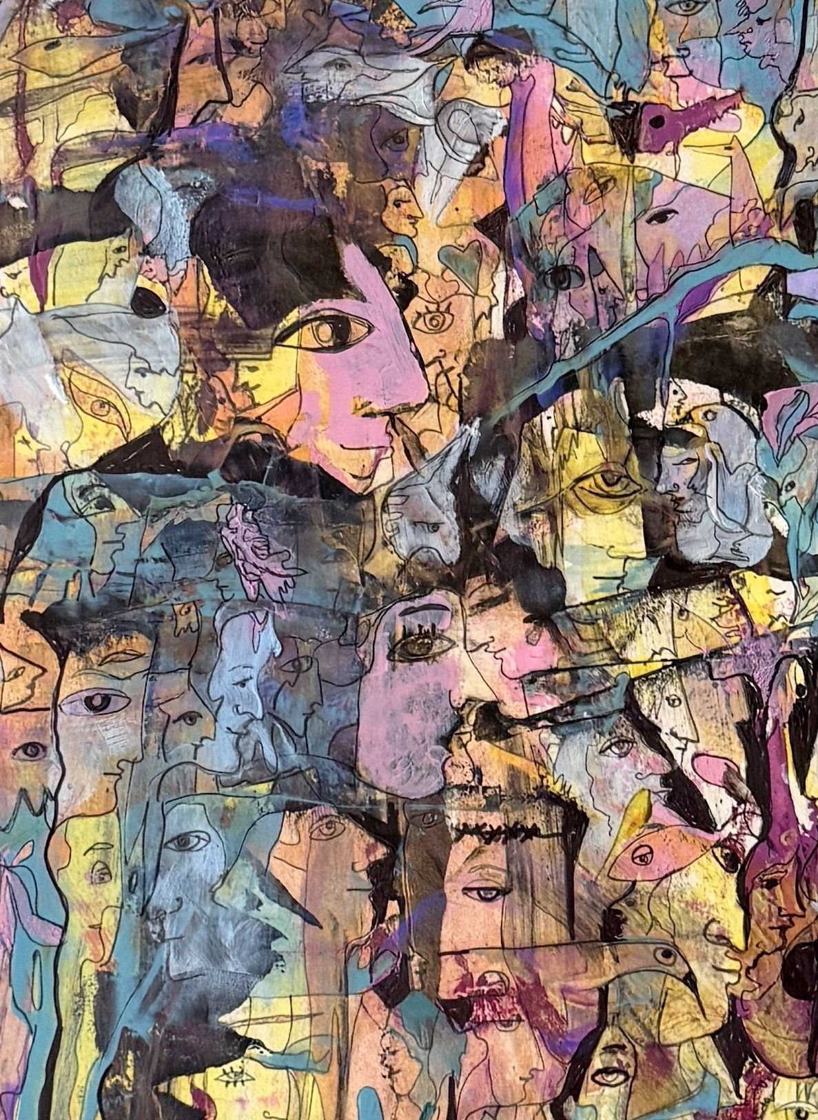 Center detail of Solo for Night Guitar featuring layered hidden faces, expressive eyes, symbolic figures, and surreal forms woven into a rhythmic composition.