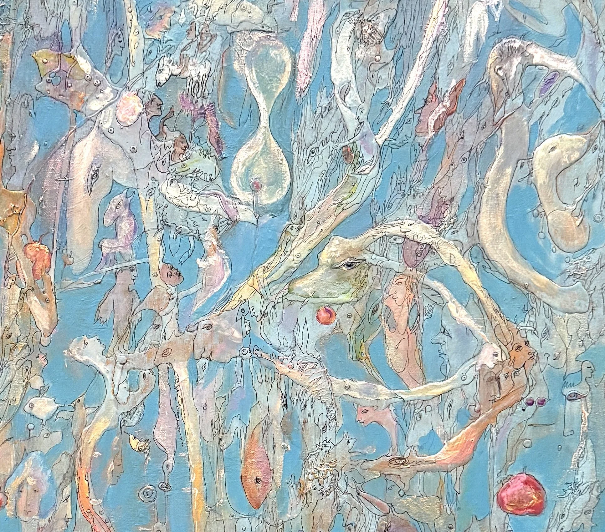 Center detail of The Invisible River showing symbolic faces, birds, fish, an hourglass motif, and flowing abstract forms in soft blue and pastel tones.