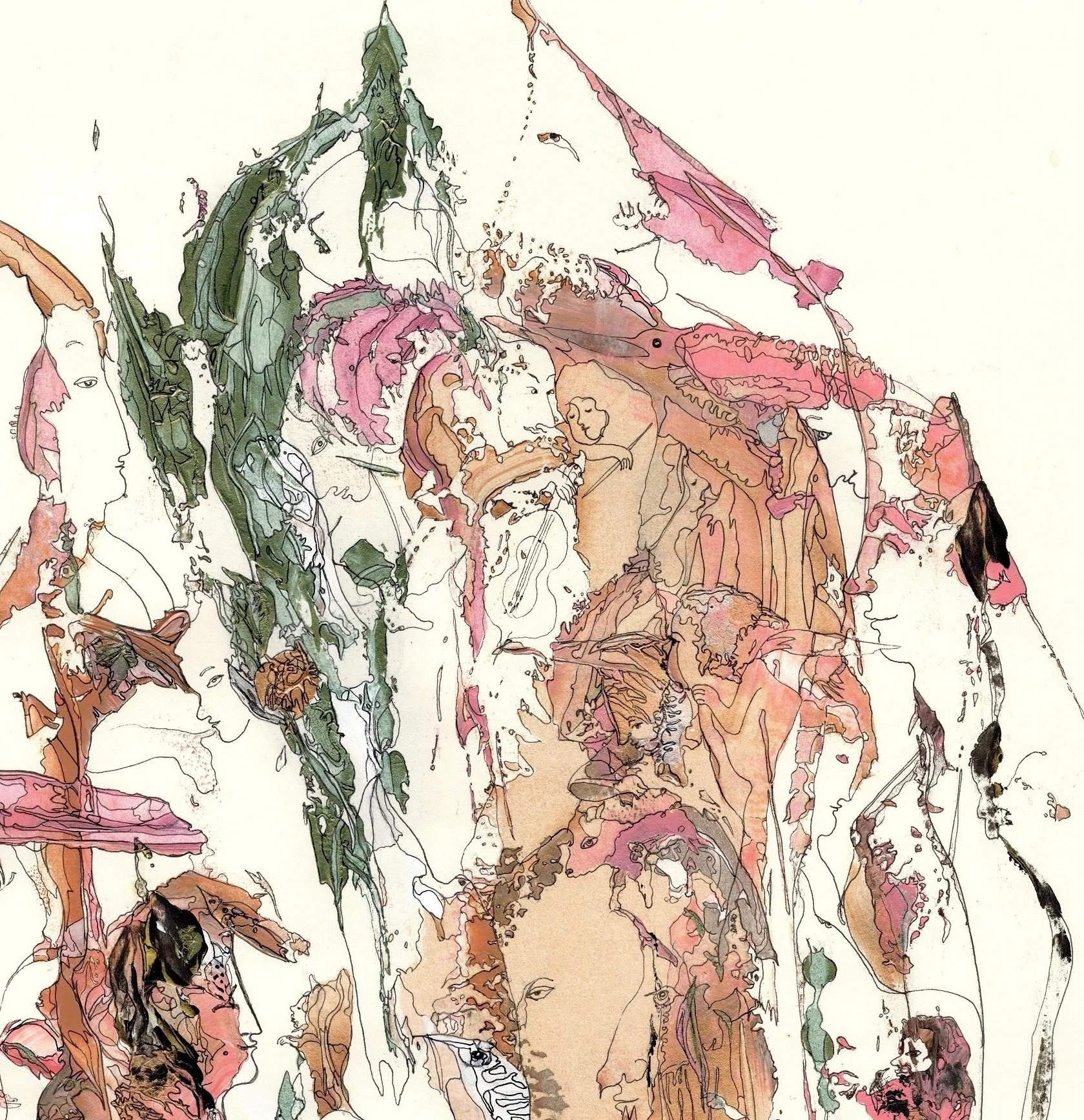 Top right detail of Scheherazade Stories featuring layered faces, flowing organic forms, and symbolic storytelling motifs in ink and acrylic.