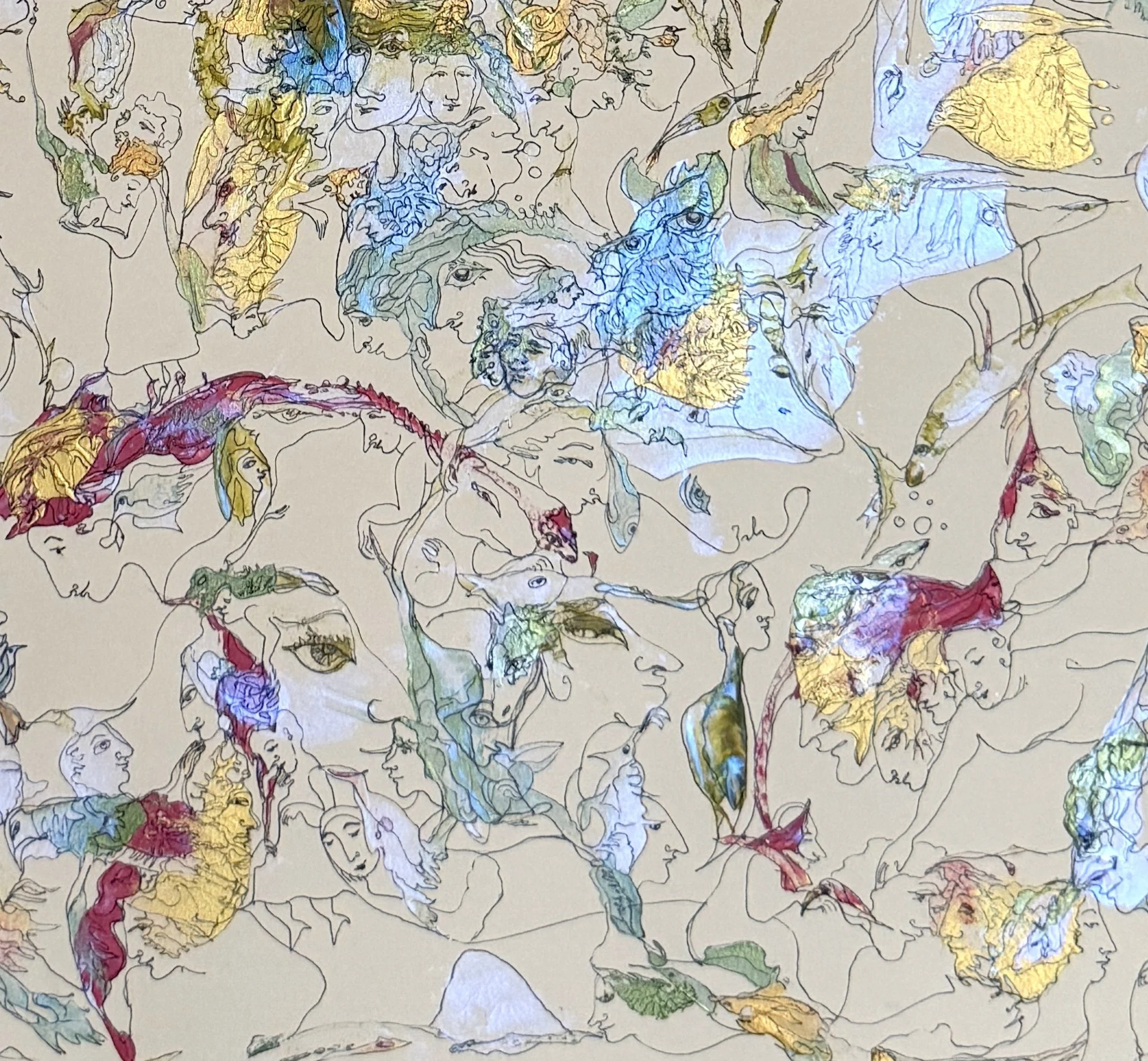 Bottom right detail of Eternity in Fragments showing layered symbolic faces, birds, and delicate acrylic and ink linework with rich organic color accents.