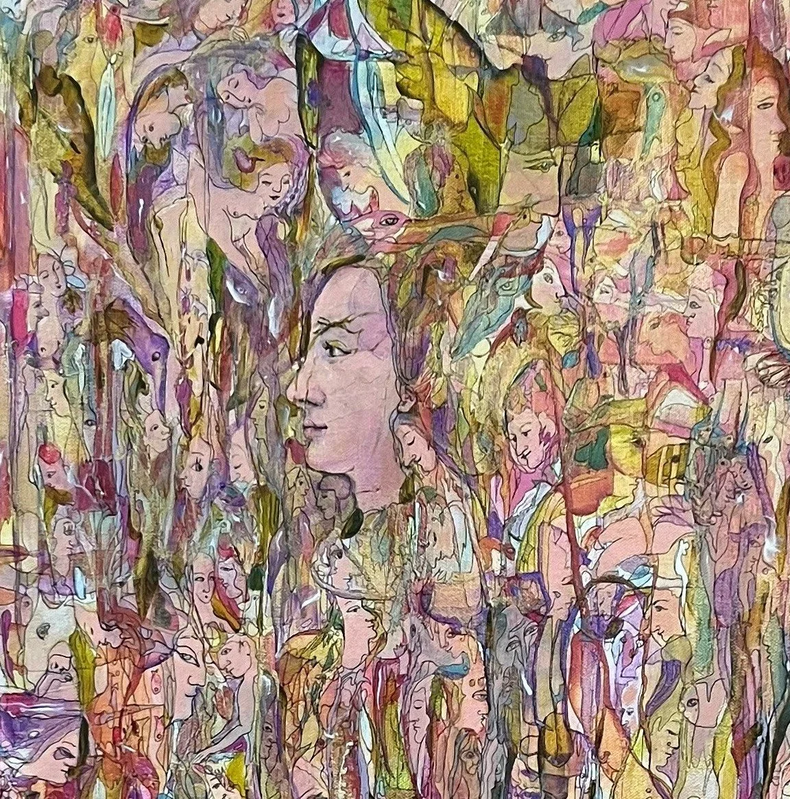 Center detail of Hope showing the central female figure surrounded by symbolic faces, birds, and layered figurative imagery painted in acrylic and ink.