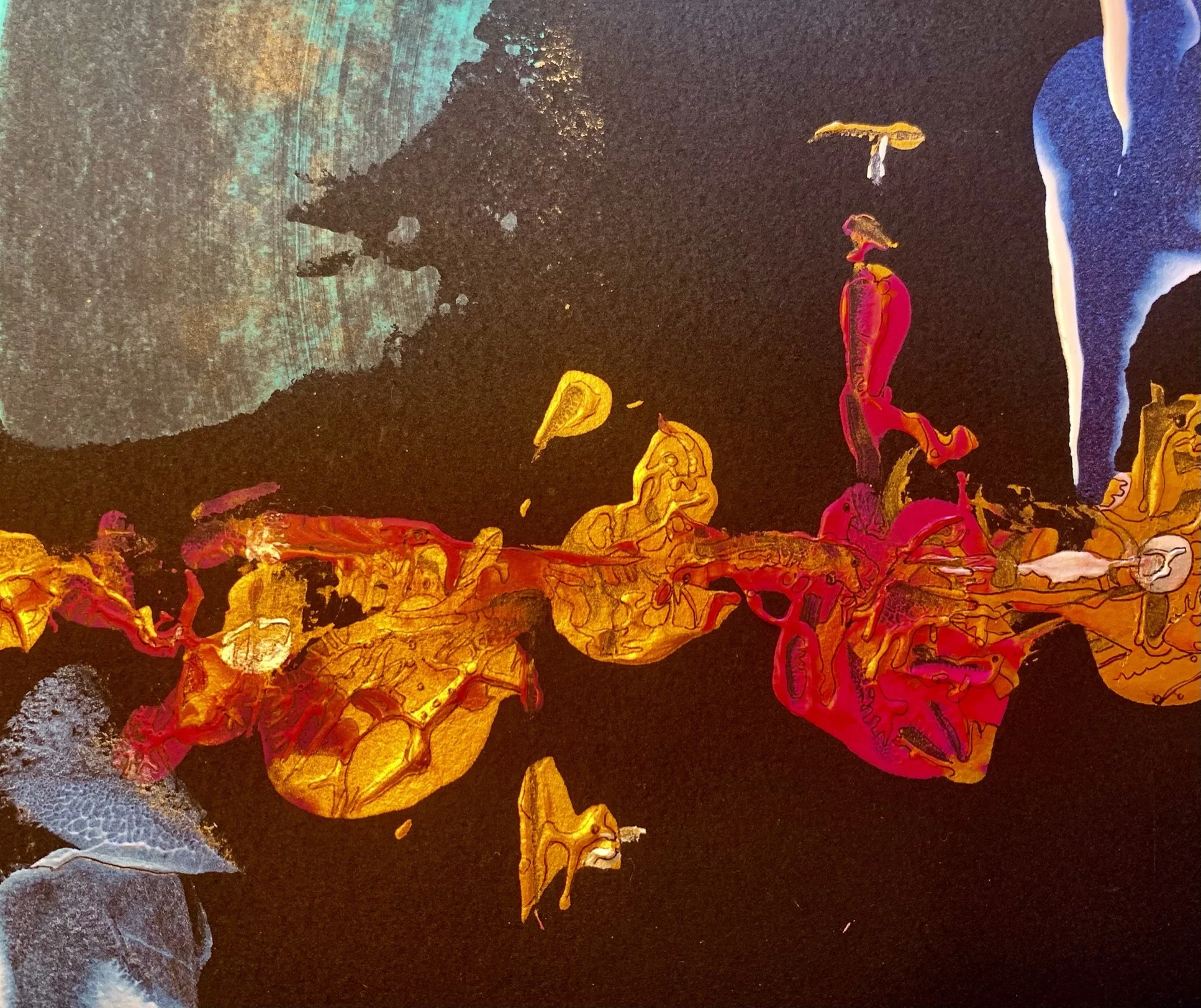 Lower-left detail of Broken Time featuring vivid red and gold abstract forms suspended against a black background beneath a turquoise arc, symbolizing fragmented time and emotional energy