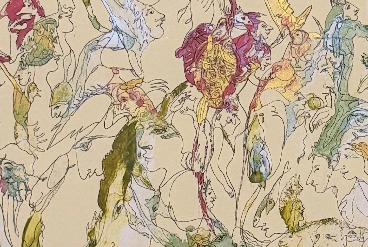 Center detail of Eternity in Fragments showing layered symbolic faces, birds, and delicate acrylic and ink linework with rich organic color accents.