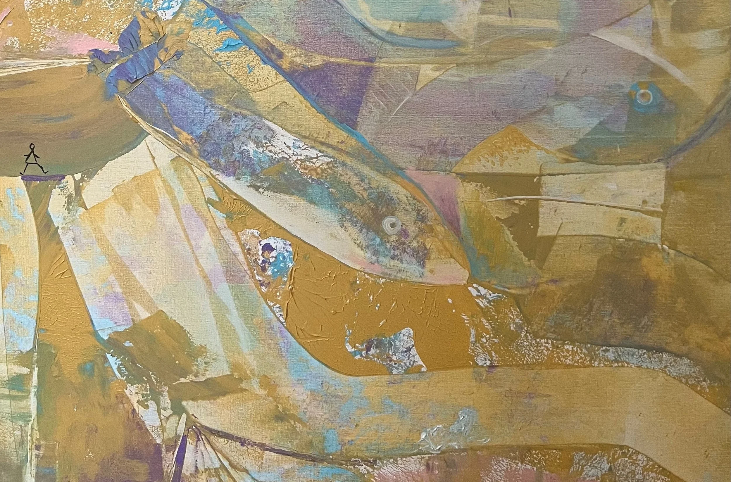 Center detail of The Bridge showing a large symbolic blue fish, layered golden forms, and a tiny walking figure crossing a narrow bridge within an abstract composition.
