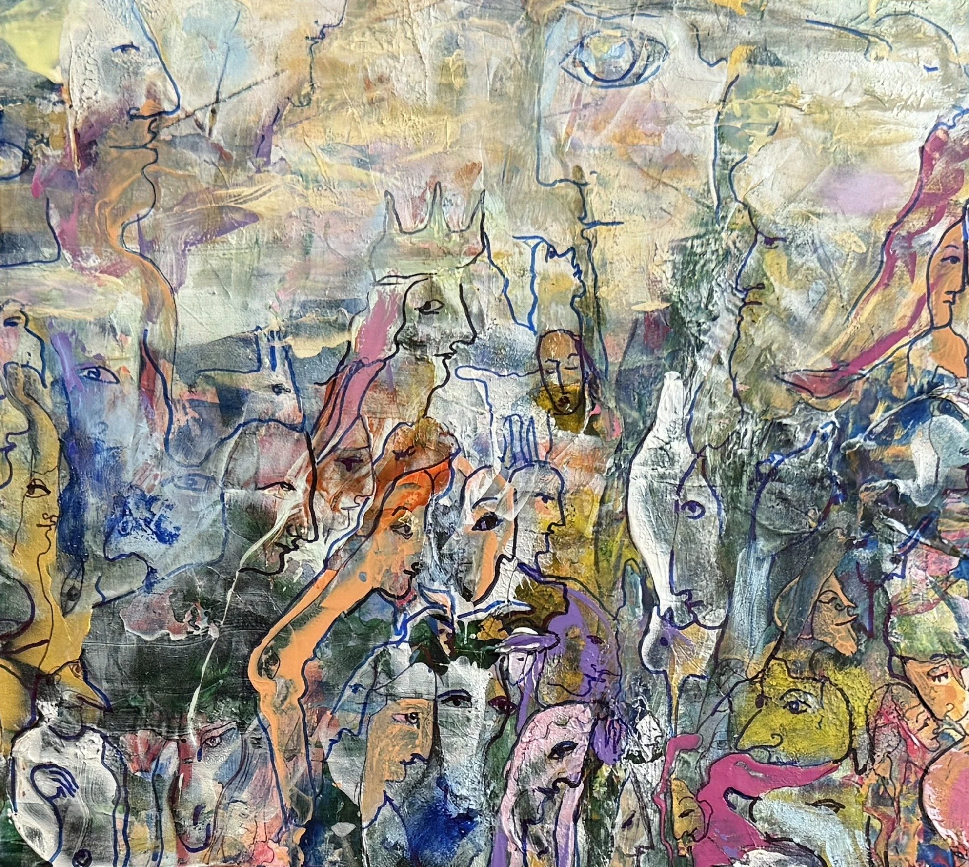 Center detail of Journey Through Life featuring expressive faces, symbolic figures, layered acrylic textures, and interconnected dreamlike forms in soft contemporary colors.