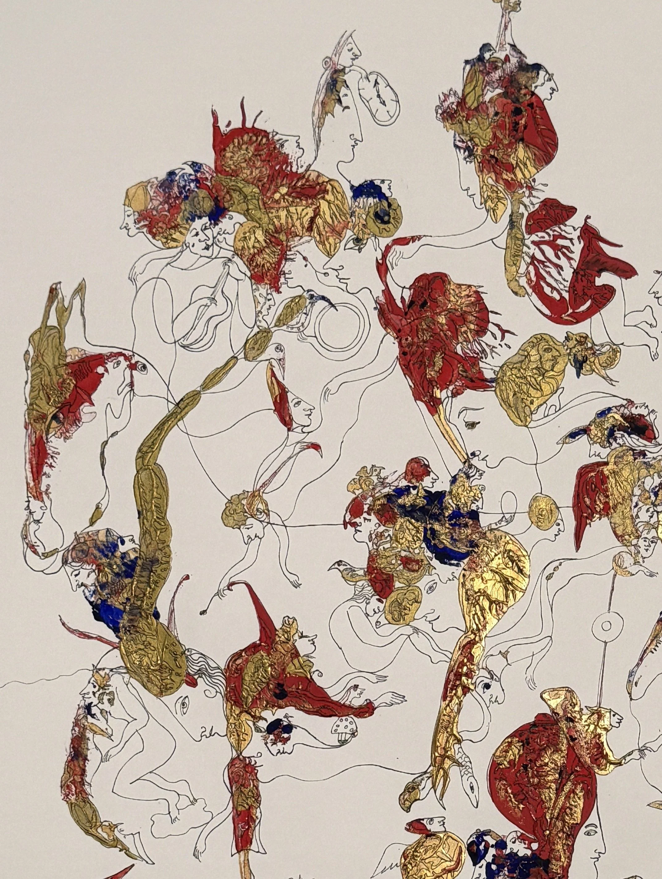 Upper left detail of The Kingdom of Unseen Creatures featuring surreal symbolic figures, mythical birds, expressive portraits, and delicate ink linework.